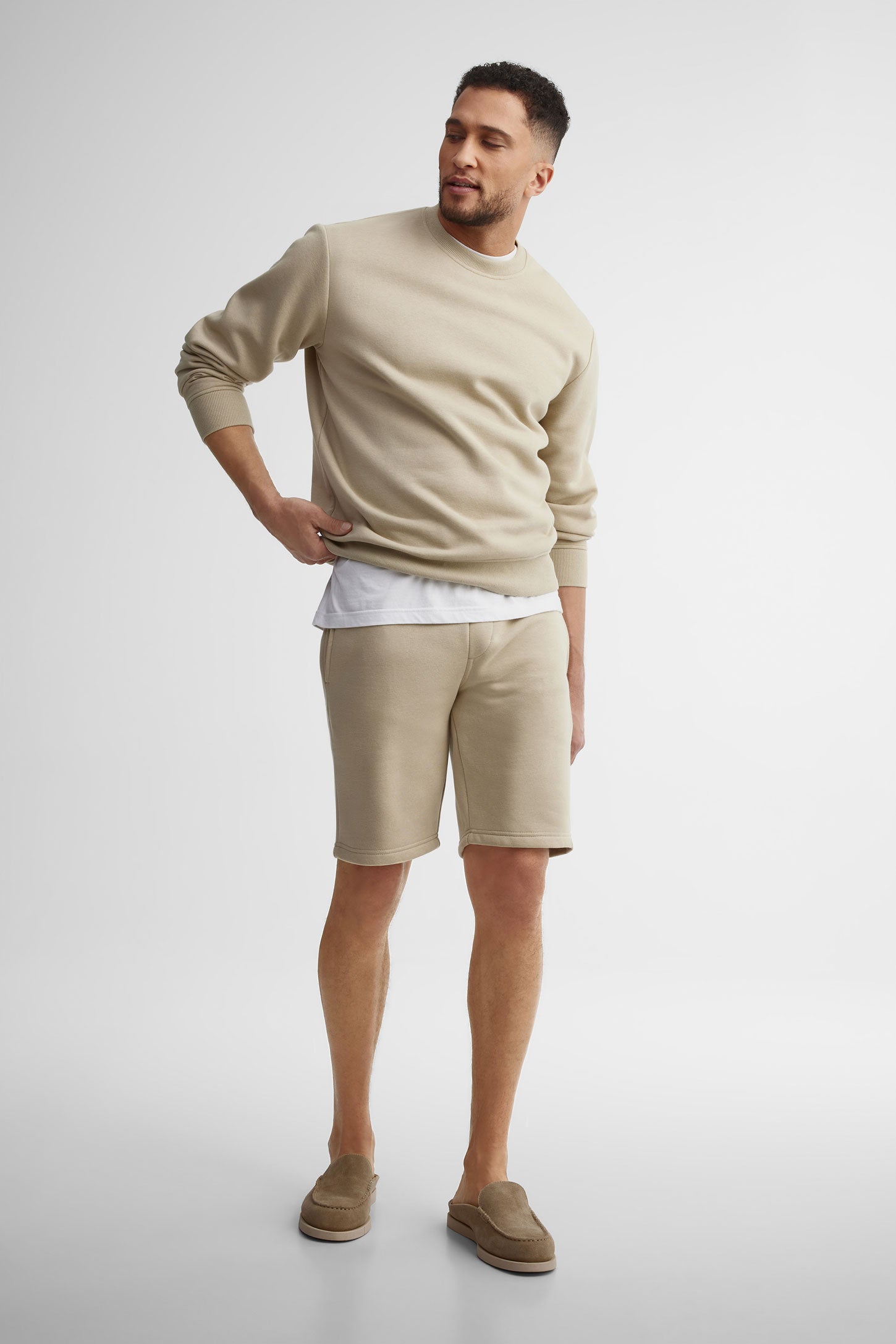 Chandail col rond coton ouaté - Homme && BEIGE