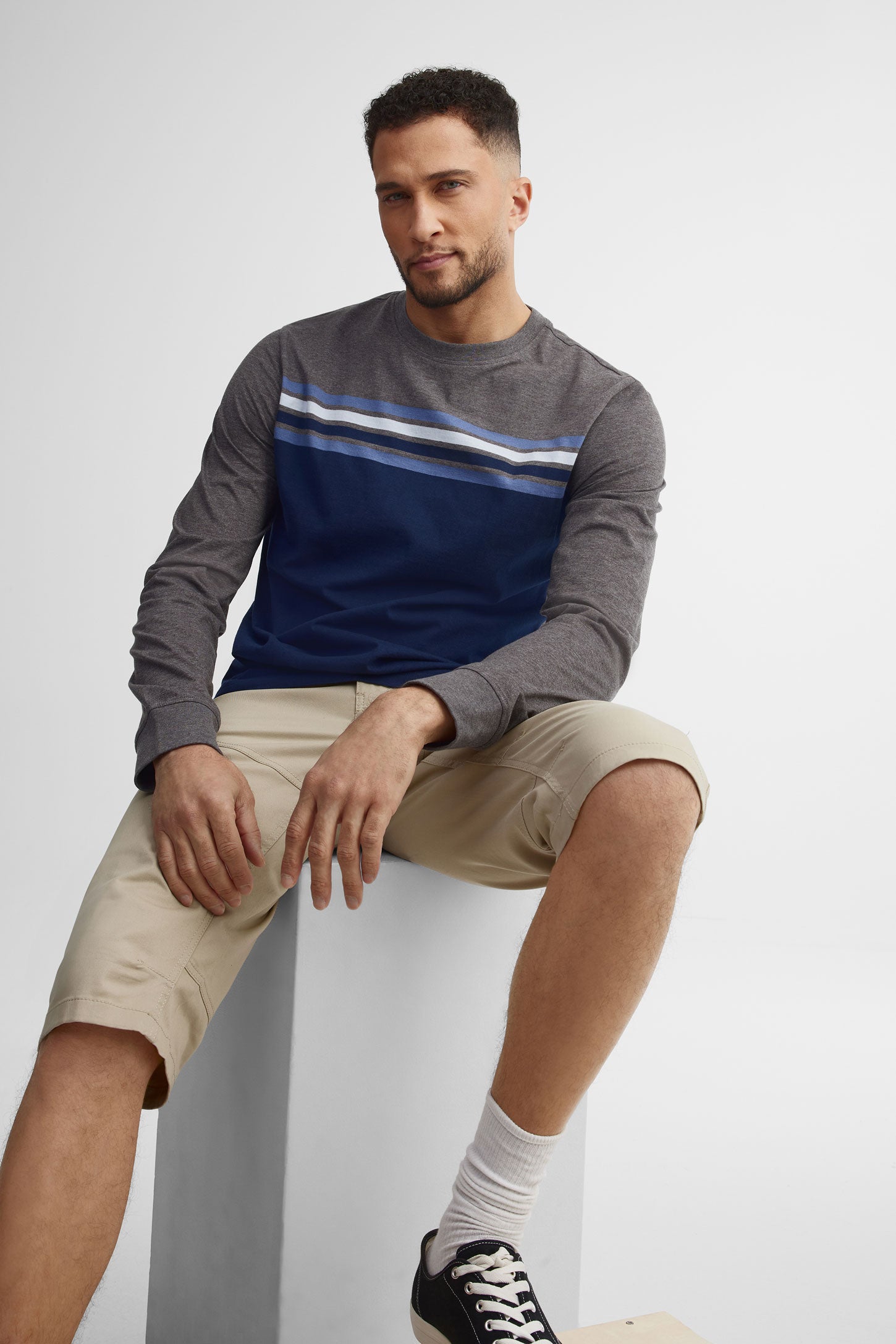 Chandail col rond en coton - Homme && BLEU MARINE MUL
