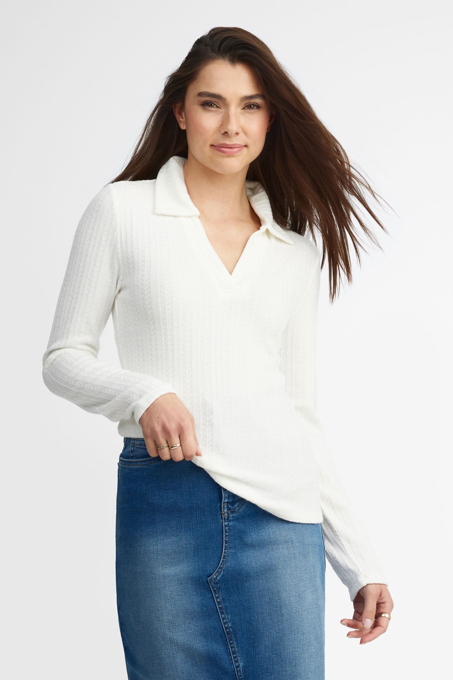 Polo manches longues en pointelle - Femme && IVOIRE