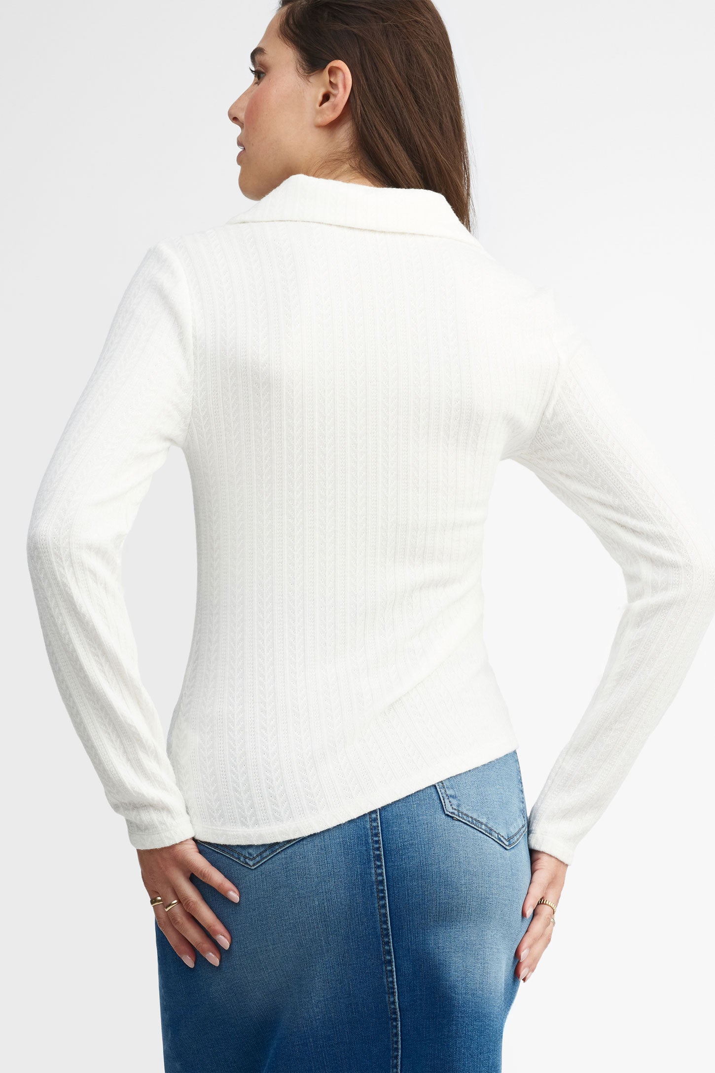 Polo manches longues en pointelle - Femme && IVOIRE