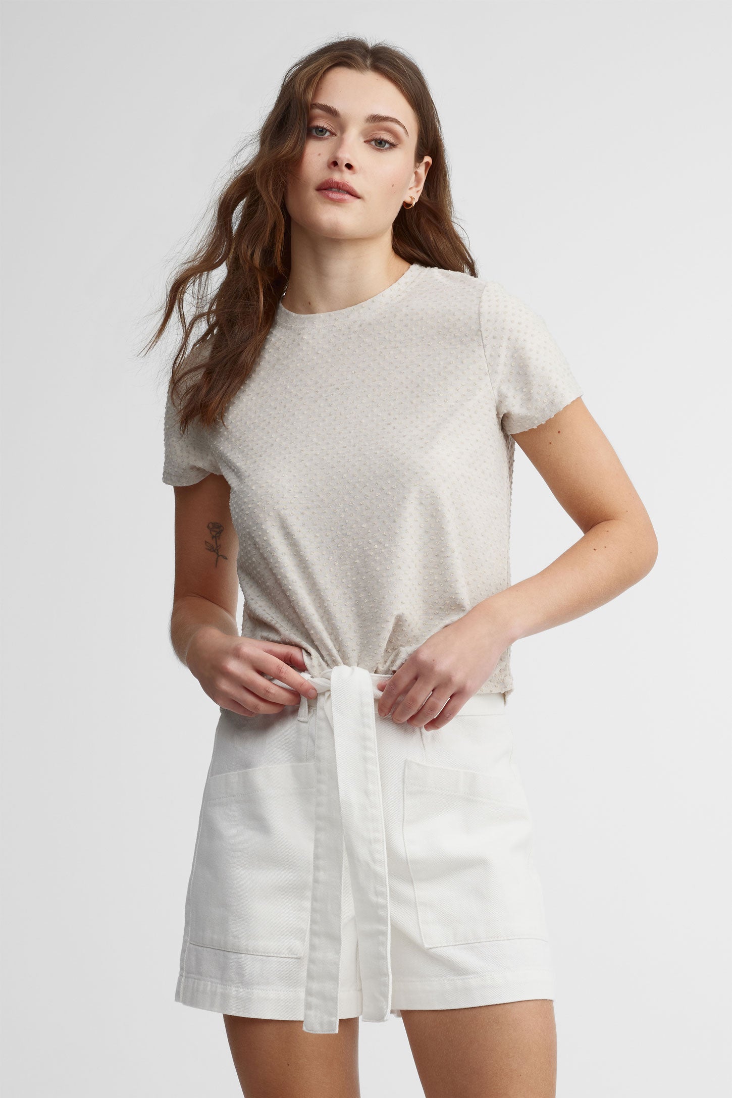 T-shirt texturé col rond - Femme && BEIGE