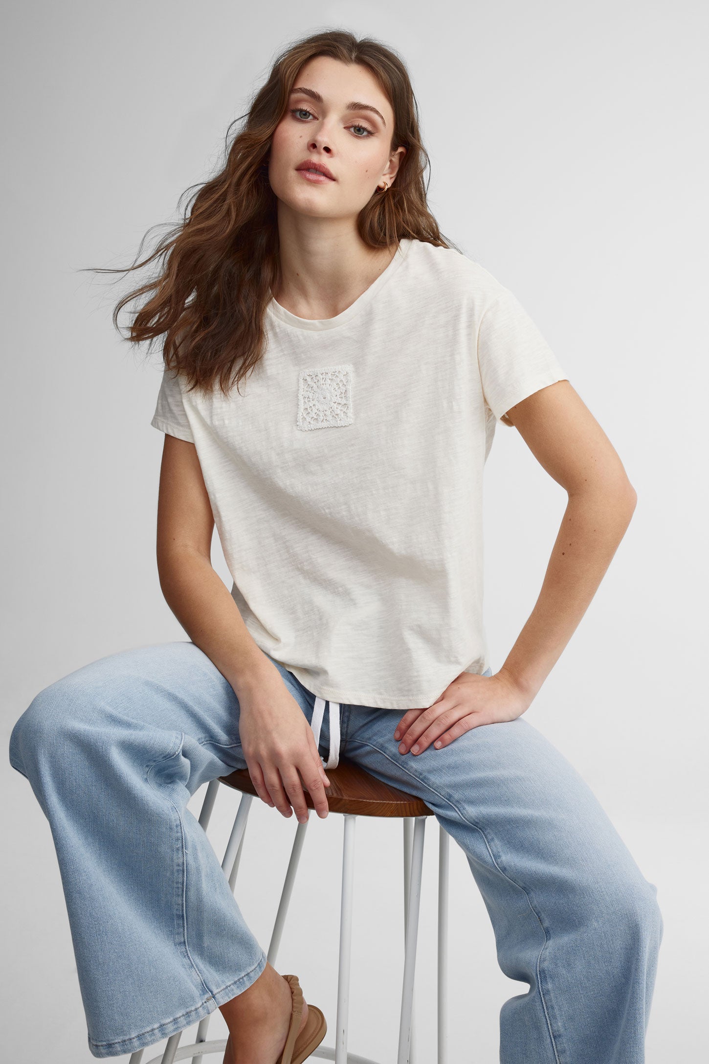T-shirt col rond en coton - Femme && IVOIRE