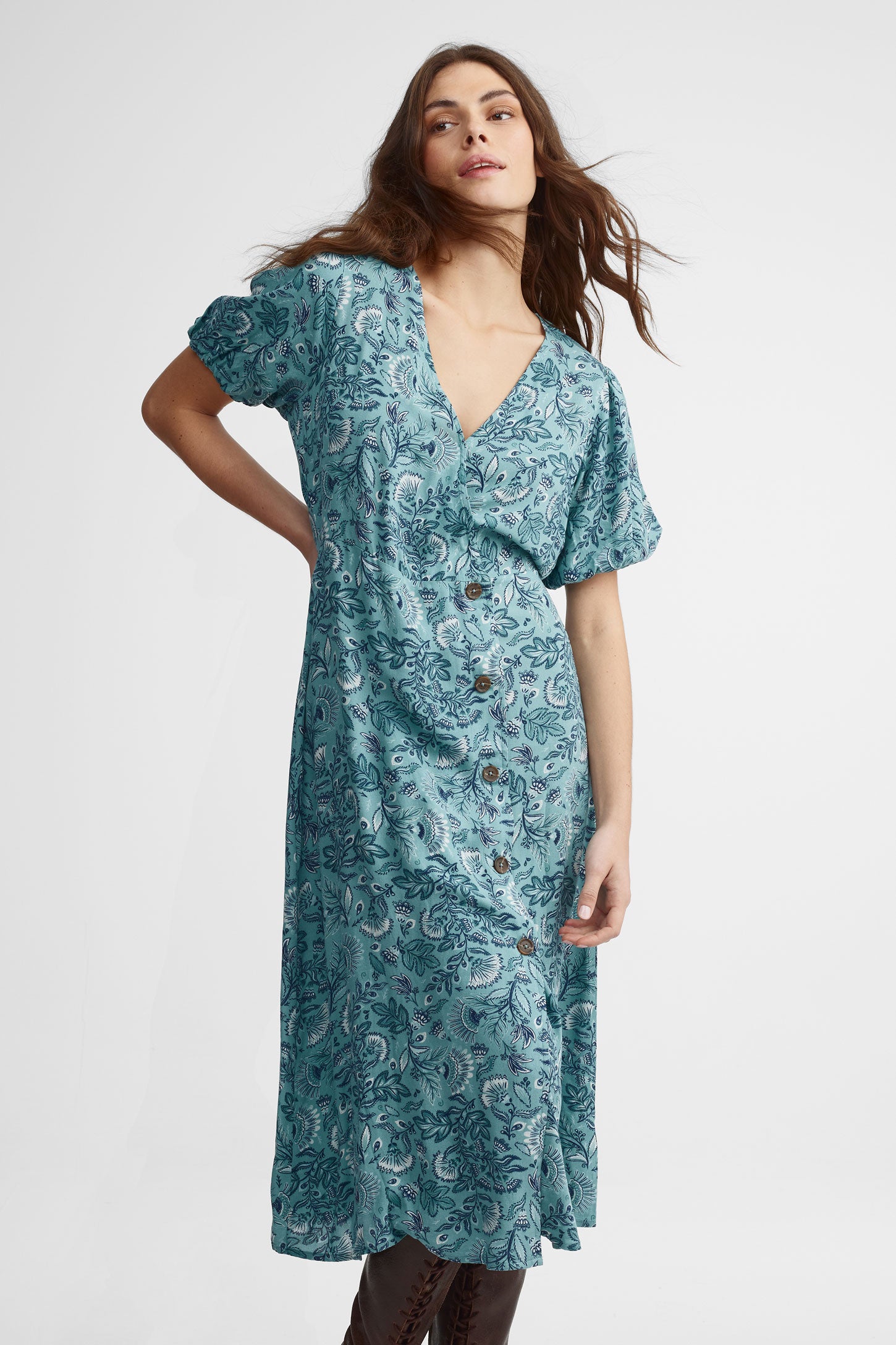 Robe midi manches bouffantes - Femme && TURQUOISE/MULTI