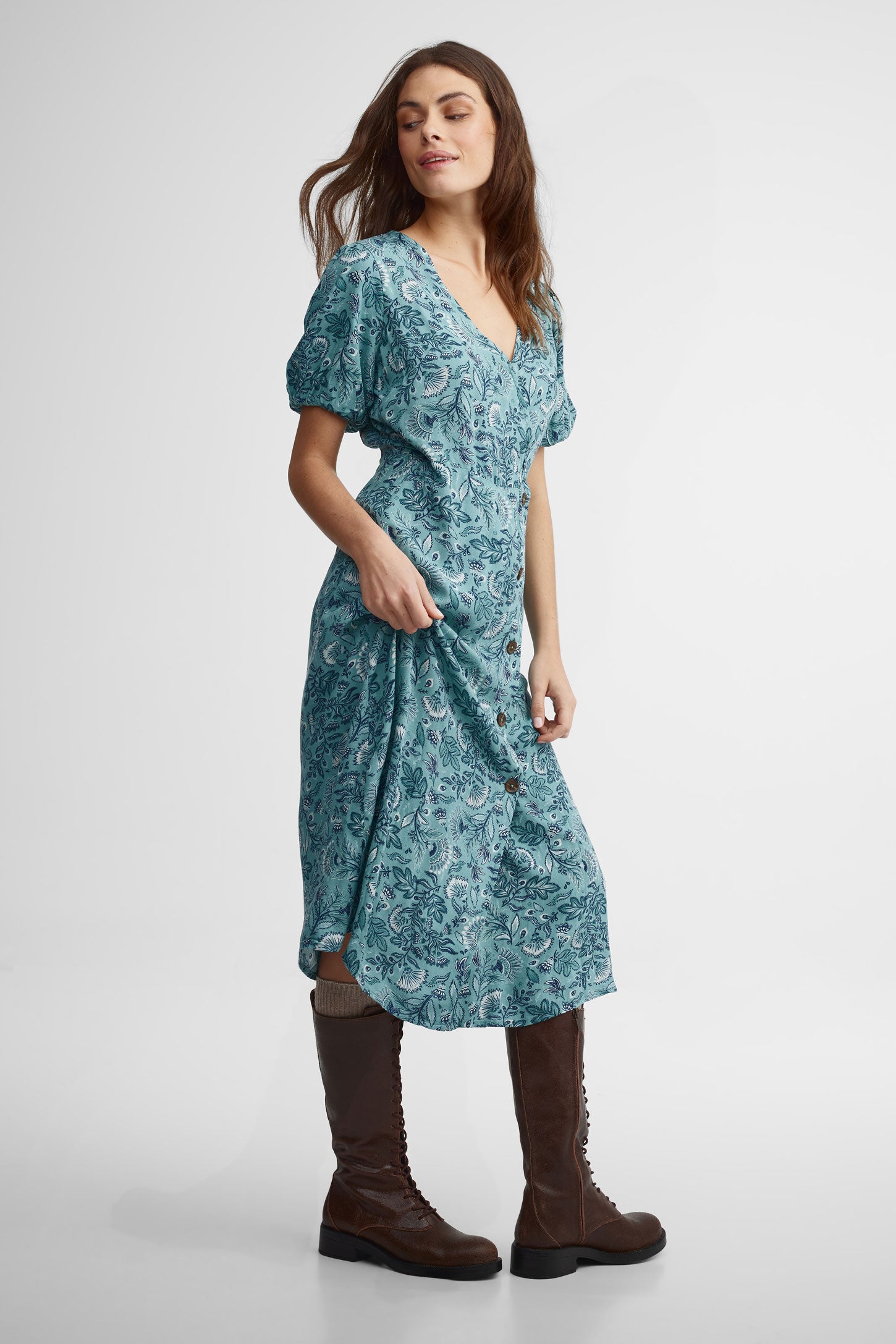 Robe midi manches bouffantes - Femme && TURQUOISE/MULTI