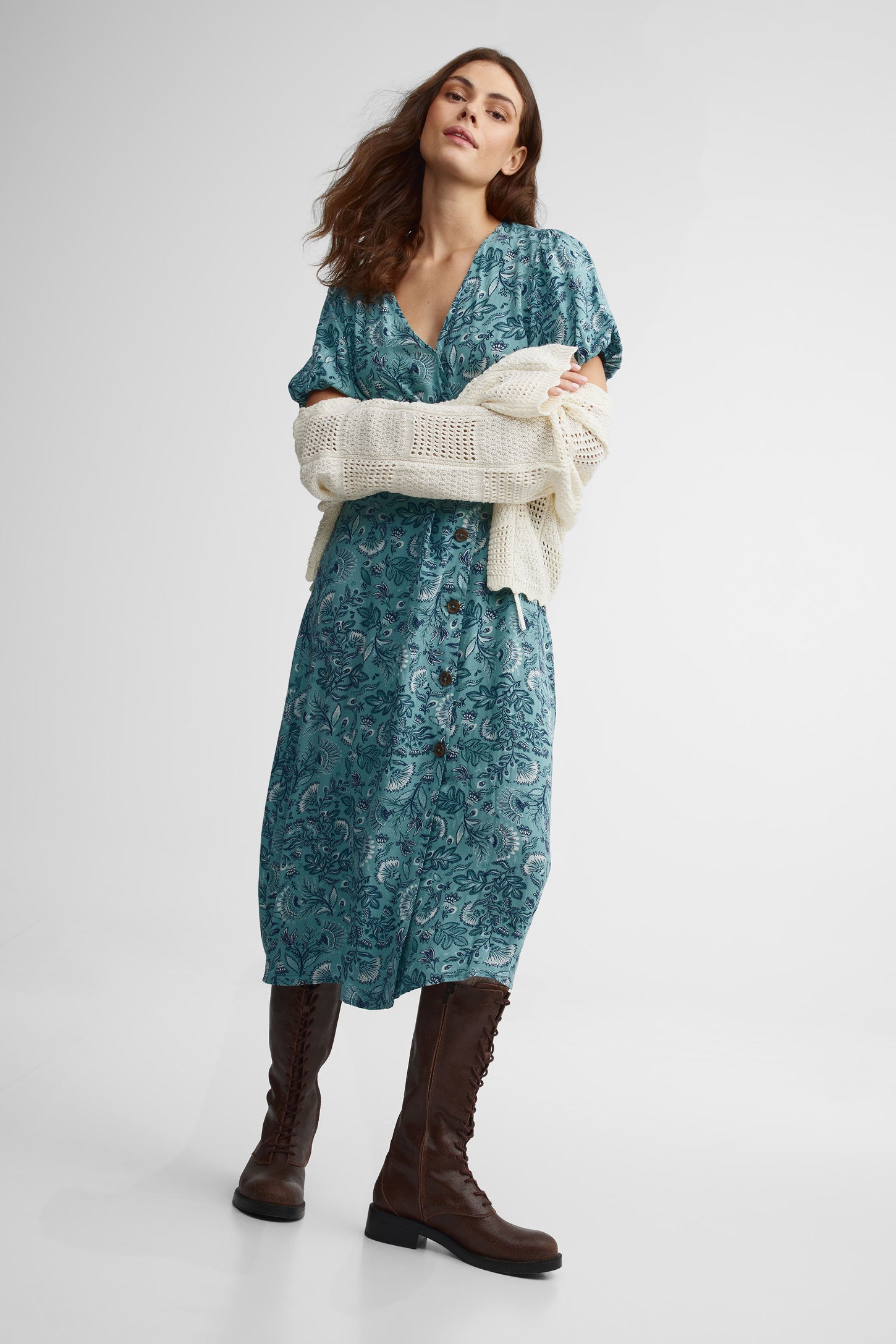 Robe midi manches bouffantes - Femme && TURQUOISE/MULTI