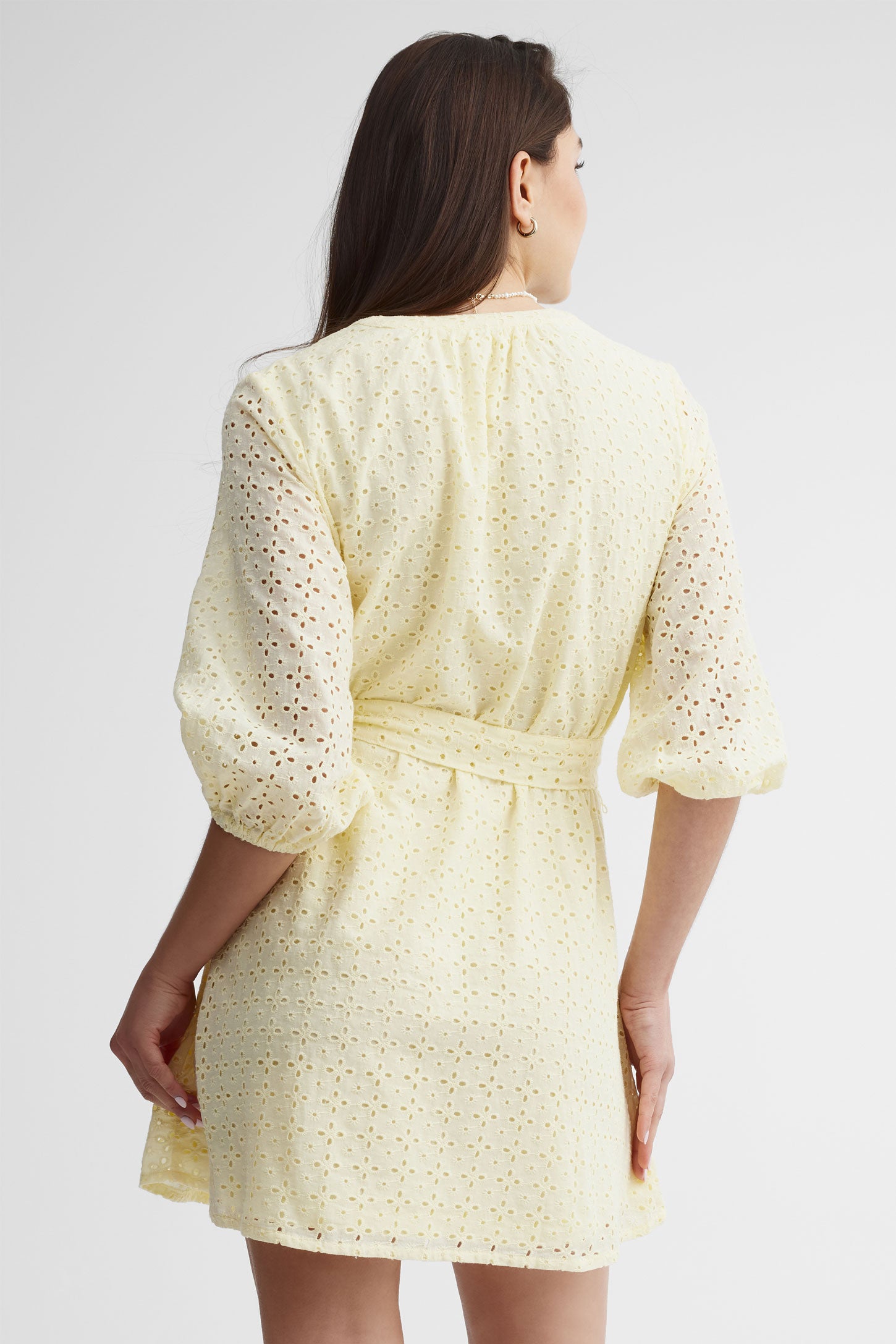Robe manches 3/4 ballon broderie anglaise - Femme && JAUNE PALE
