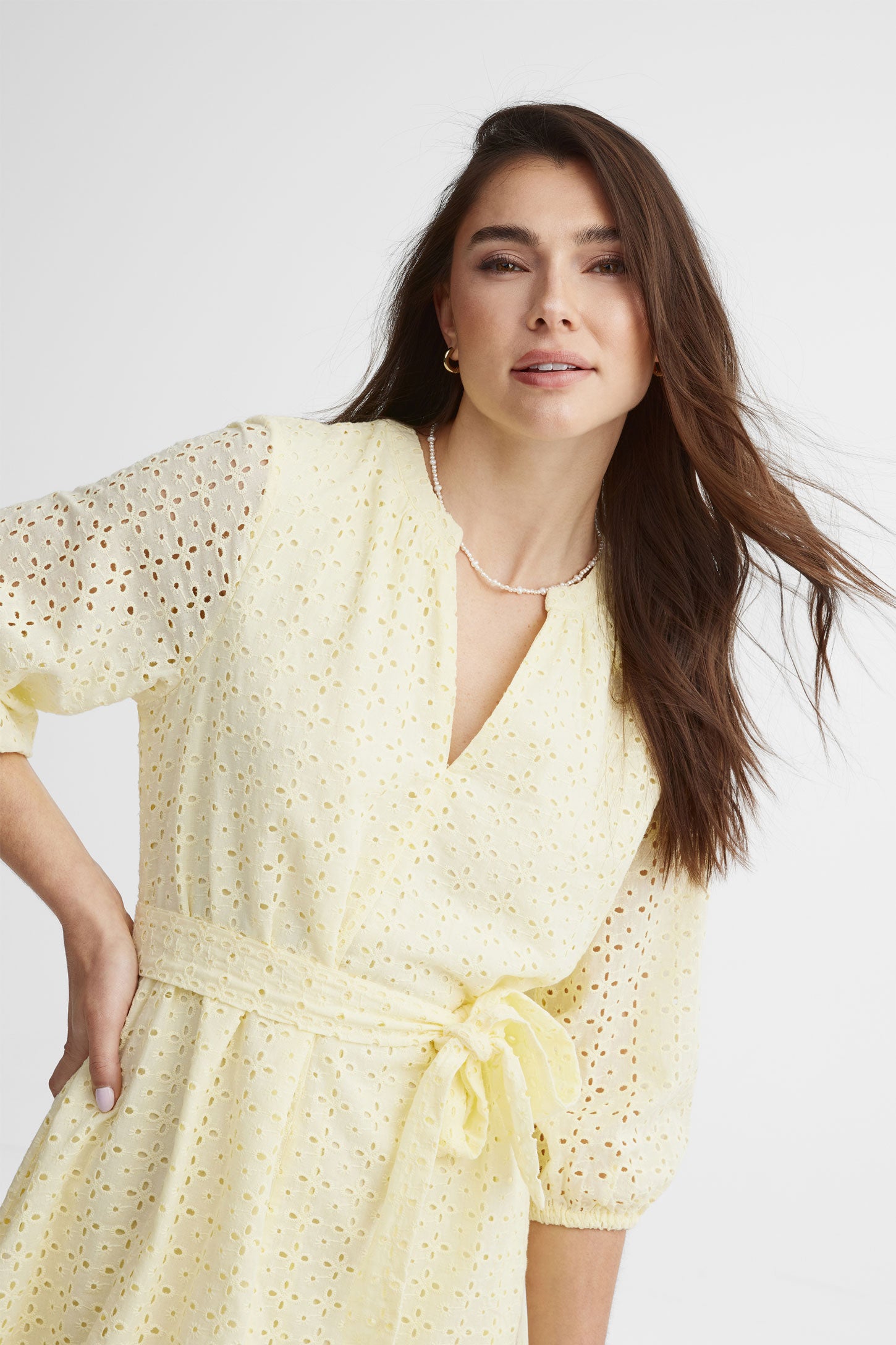 Robe manches 3/4 ballon broderie anglaise - Femme && JAUNE PALE