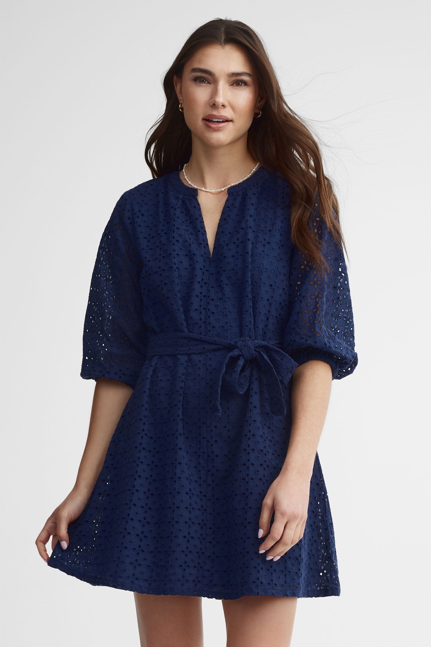Robe manches 3/4 ballon broderie anglaise - Femme && BLEU MARINE