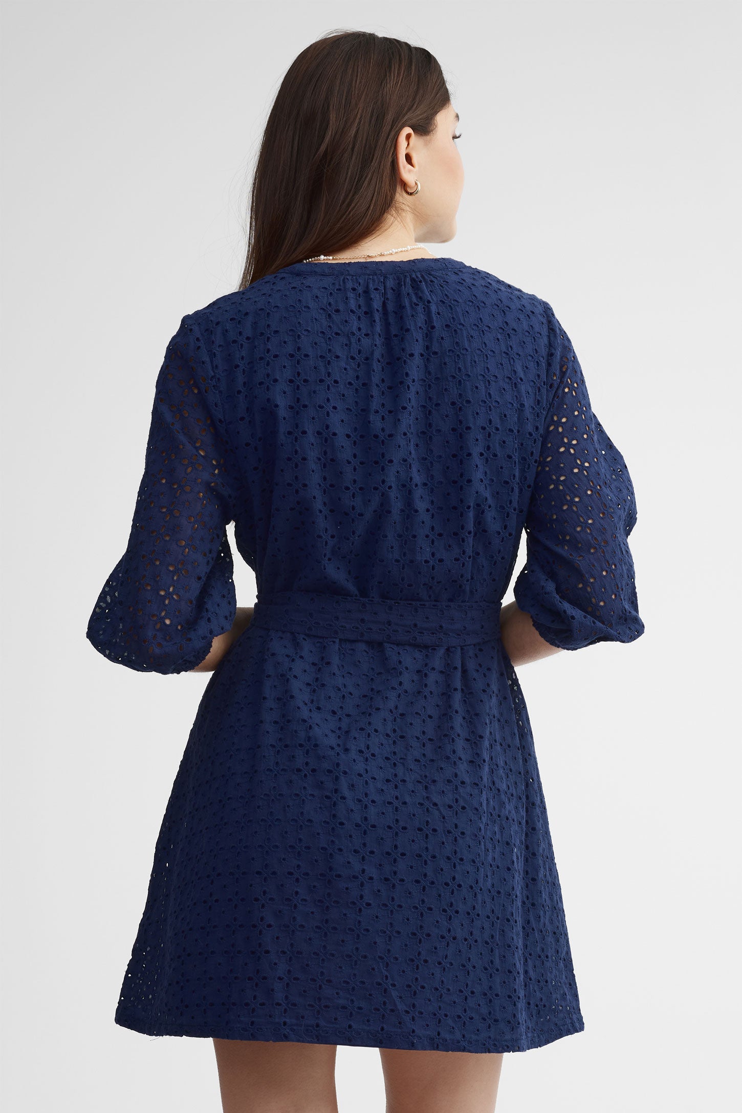 Robe manches 3/4 ballon broderie anglaise - Femme && BLEU MARINE
