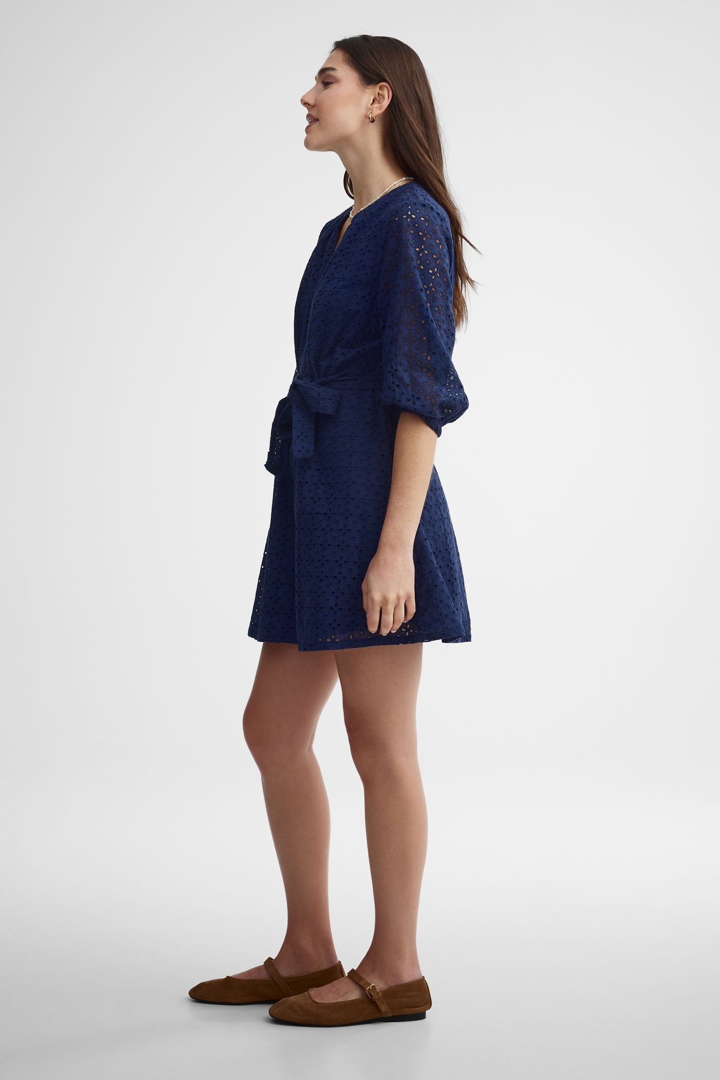 Robe manches 3/4 ballon broderie anglaise - Femme && BLEU MARINE