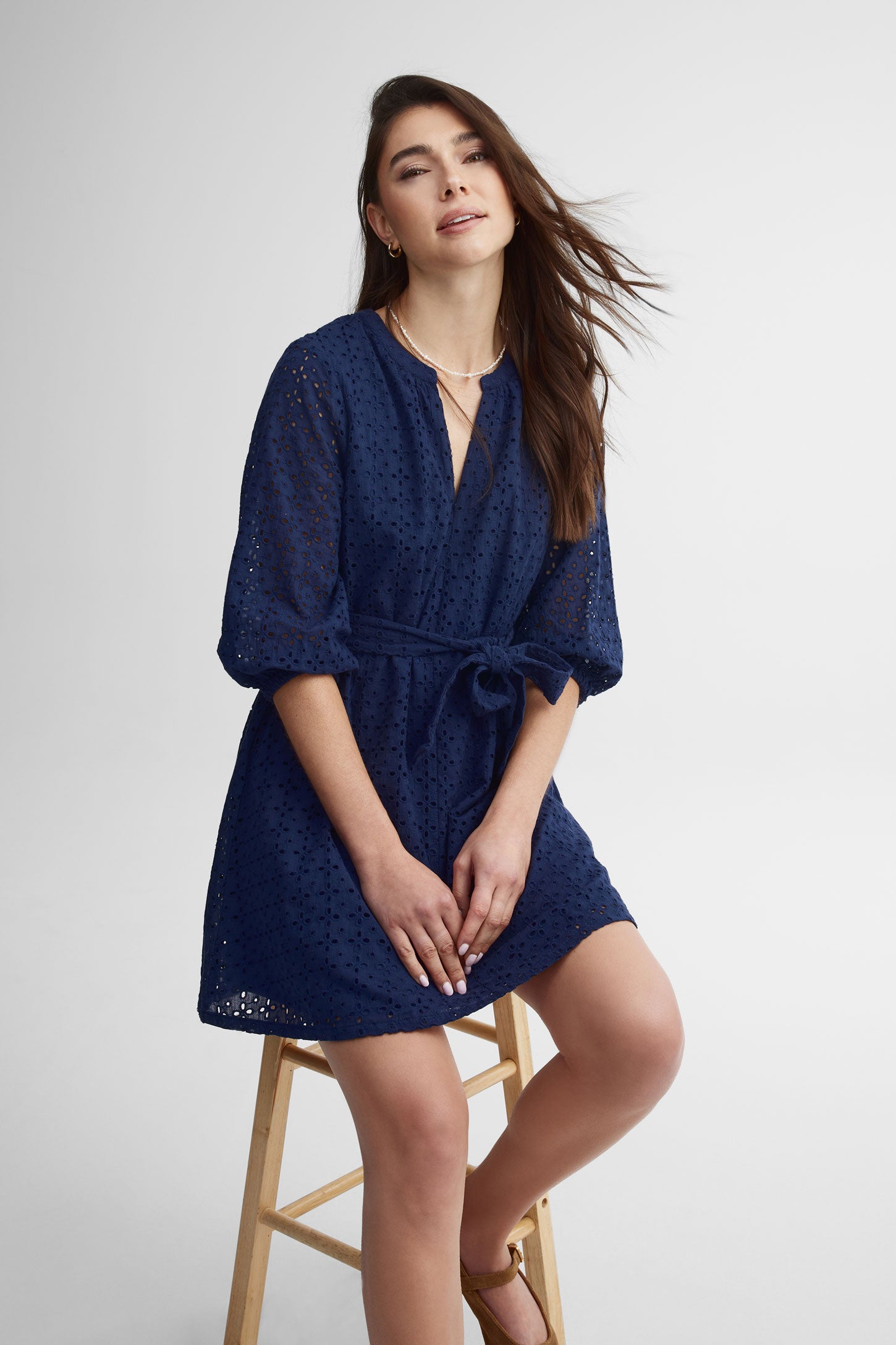 Robe manches 3/4 ballon broderie anglaise - Femme && BLEU MARINE
