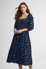 Robe maxi nid d'abeille imprimé floral - Femme && BLEU MARINE MUL
