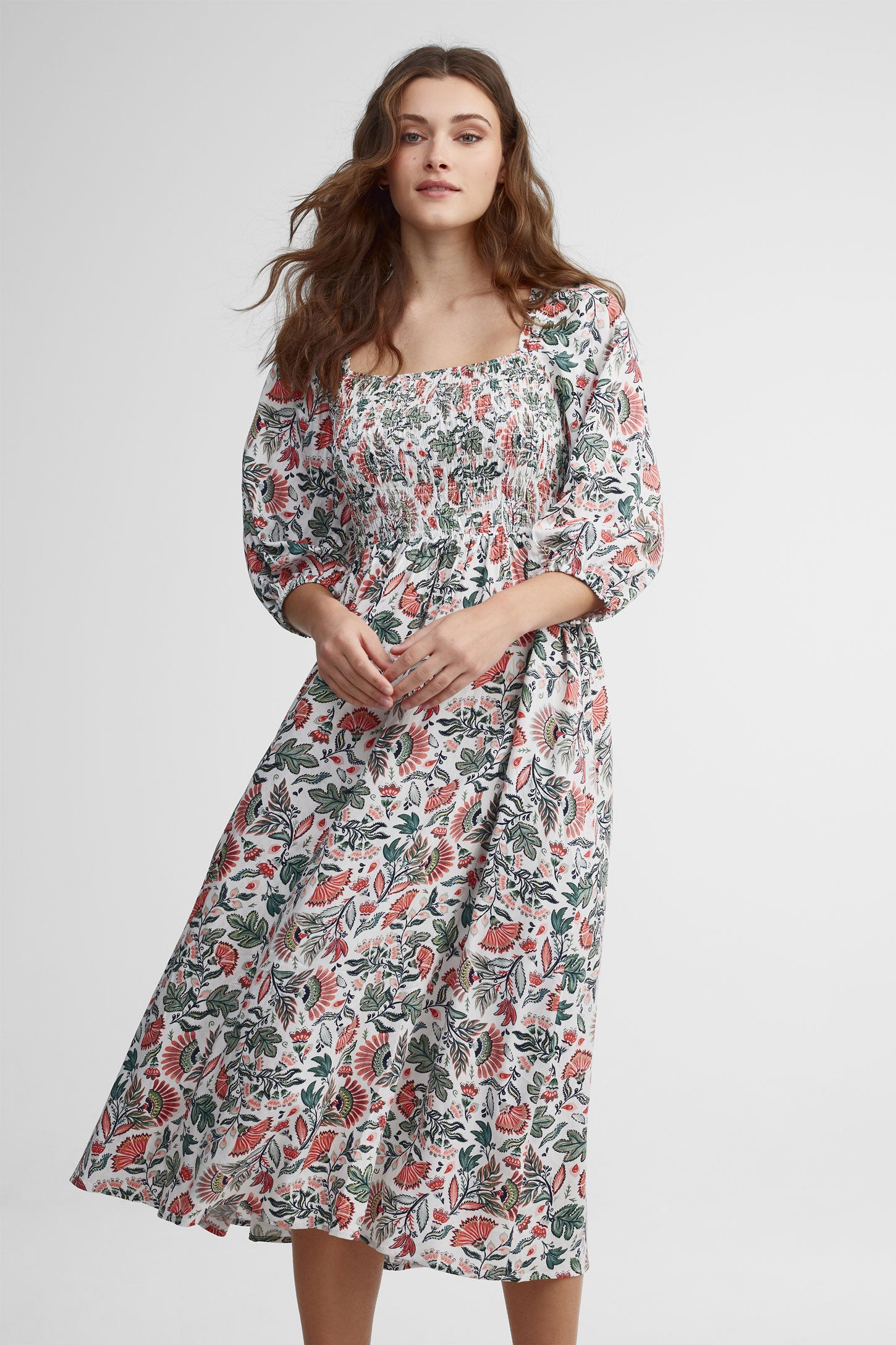Robe maxi nid d'abeille imprimé floral - Femme && IVOIRE/MULTI