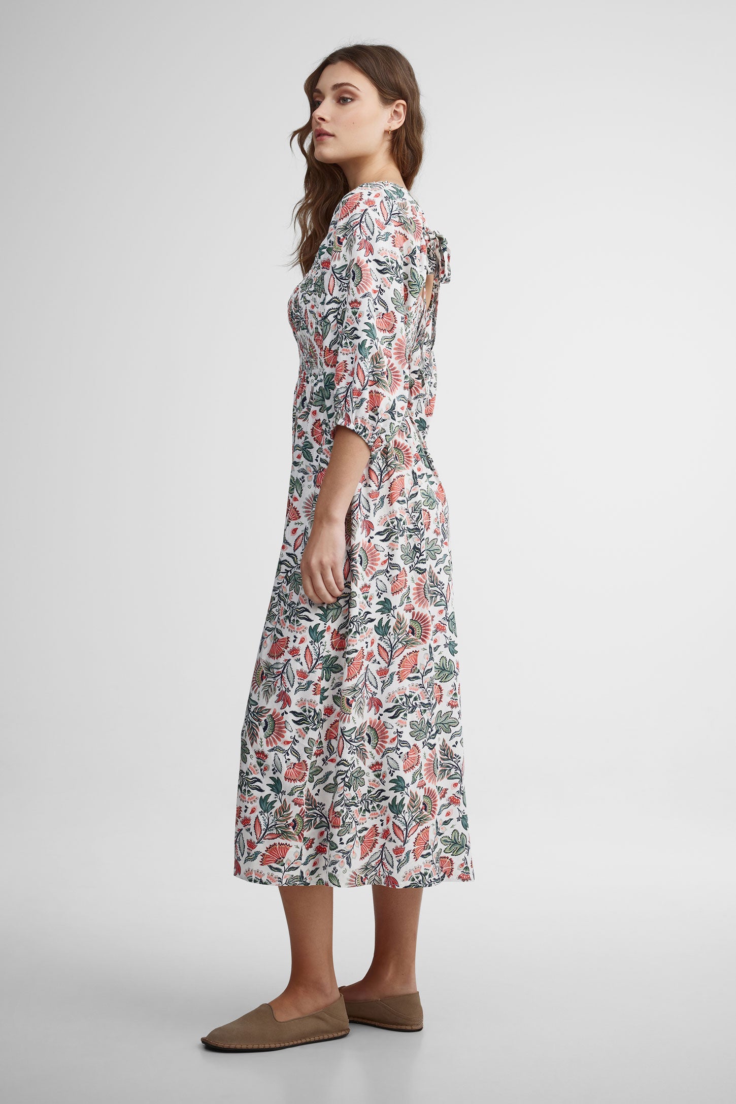 Robe maxi nid d'abeille imprimé floral - Femme && IVOIRE/MULTI