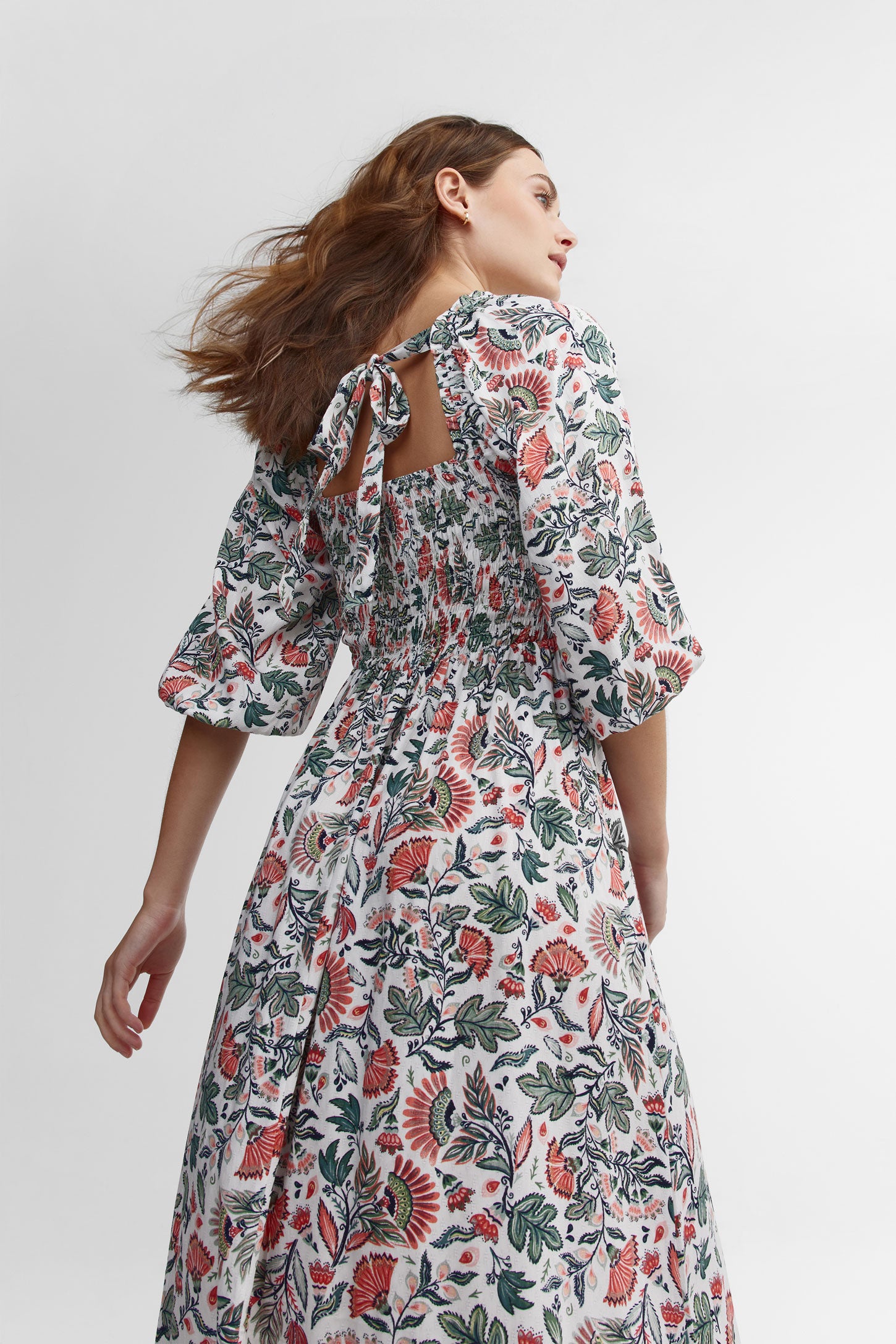 Robe maxi nid d'abeille imprimé floral - Femme && IVOIRE/MULTI