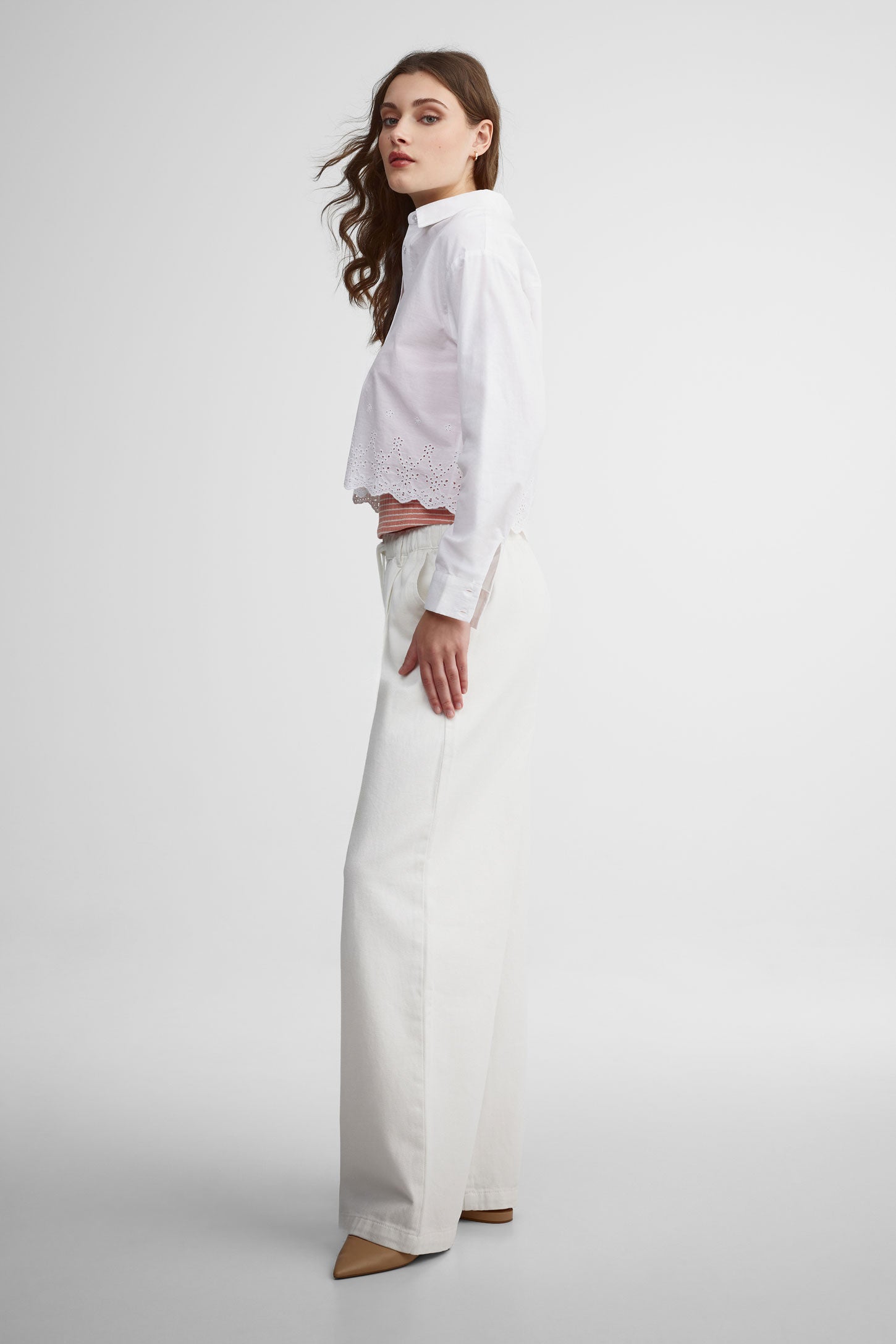 Chemisier écourté broderie anglaise coton - Femme && BLANC
