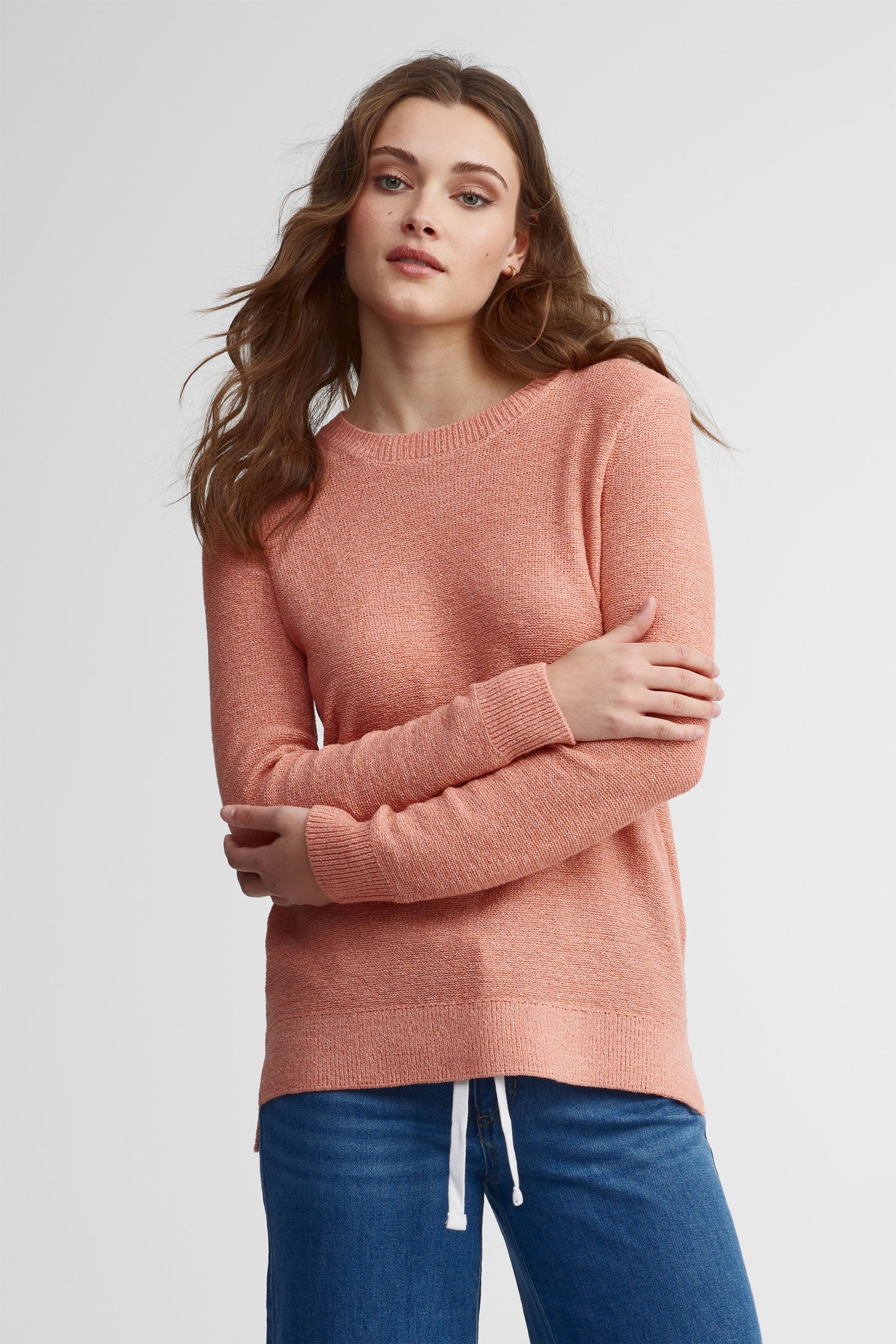 Chandail col rond en tricot - Femme && CORAIL