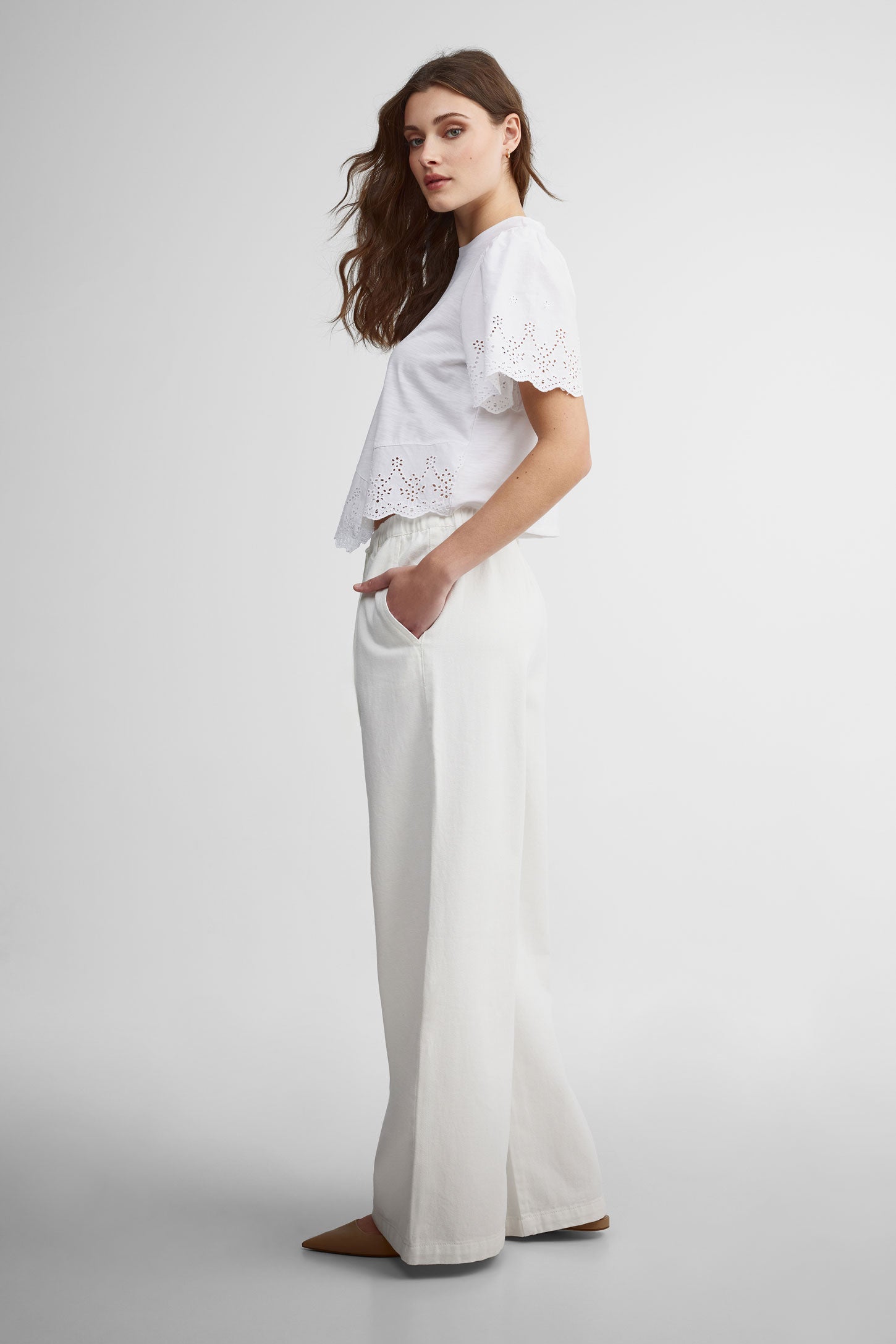 Jeans jambe large taille élastique - Femme && IVOIRE