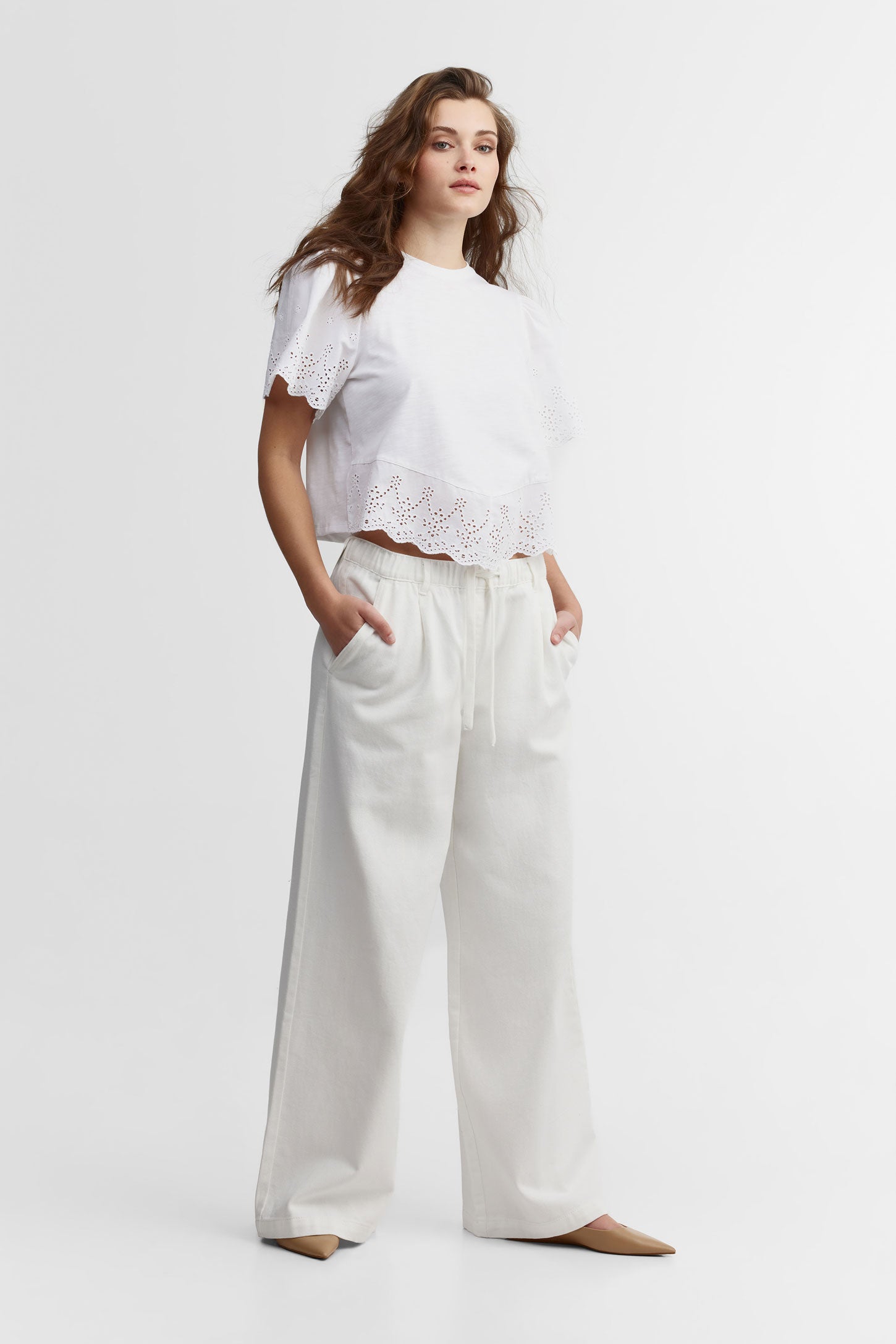Jeans jambe large taille élastique - Femme && IVOIRE