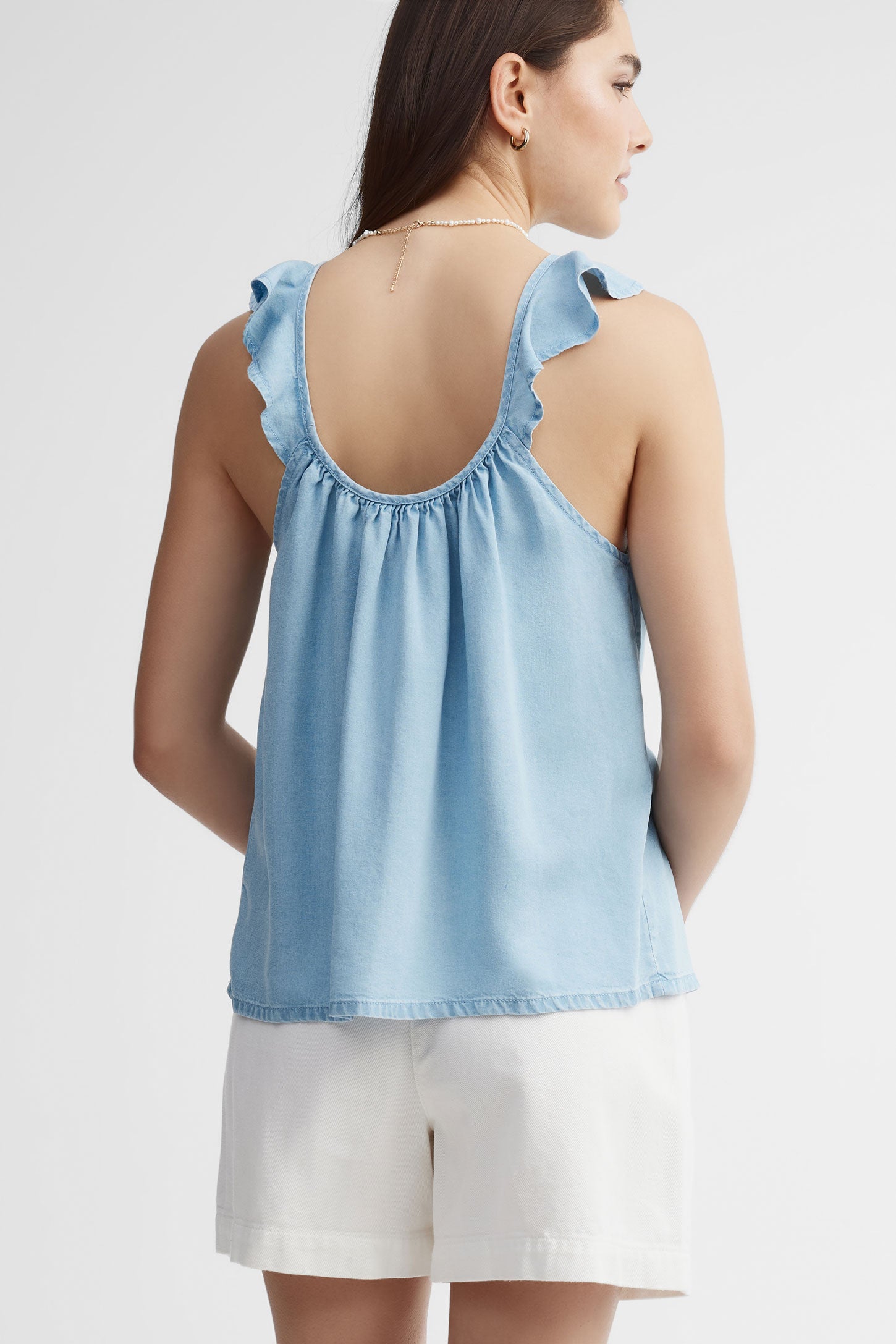 Camisole bretelles à volants en lyocell - Femme && BLEU PALE