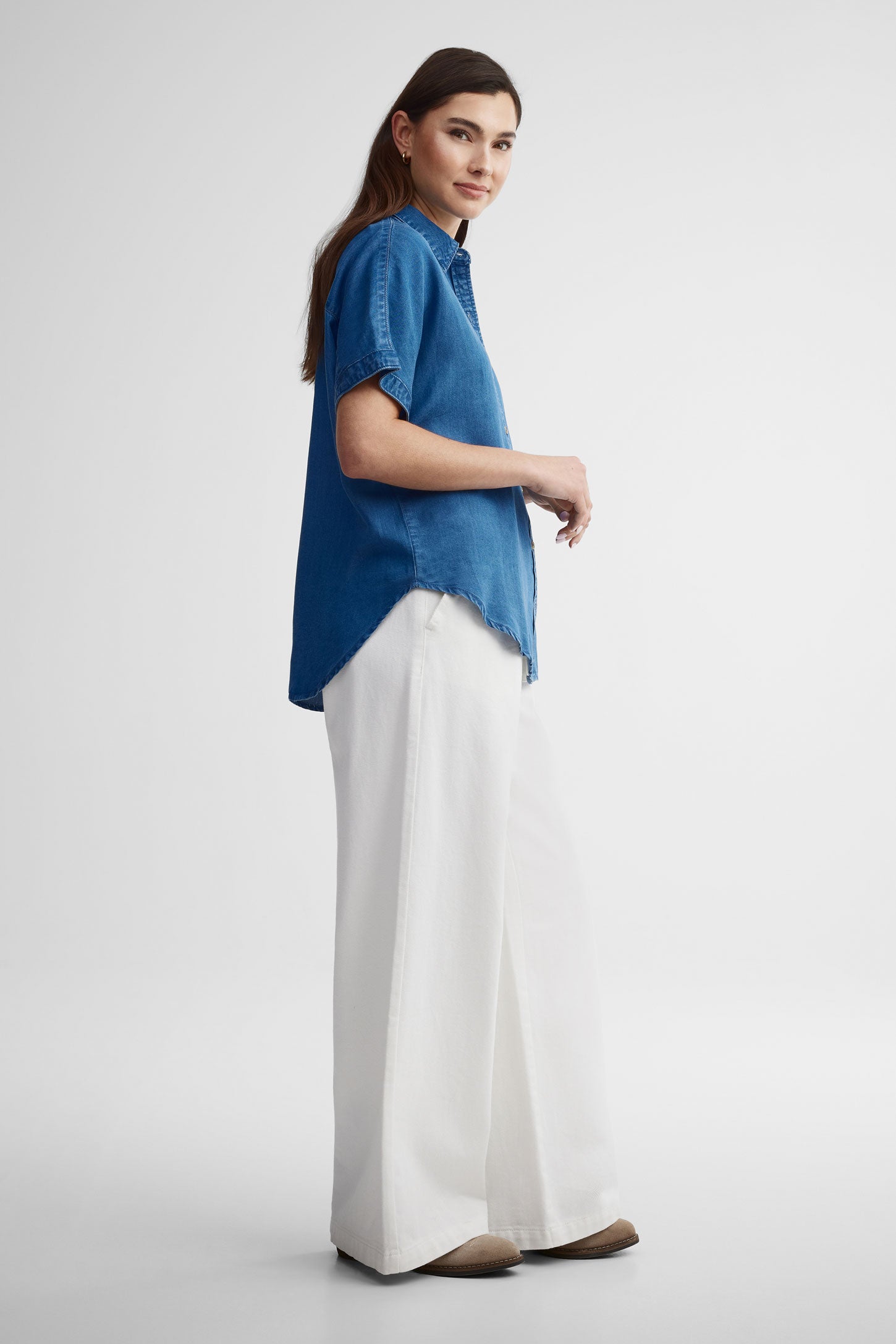 Chemisier manches courtes en lyocell - Femme && BLEU FONCE