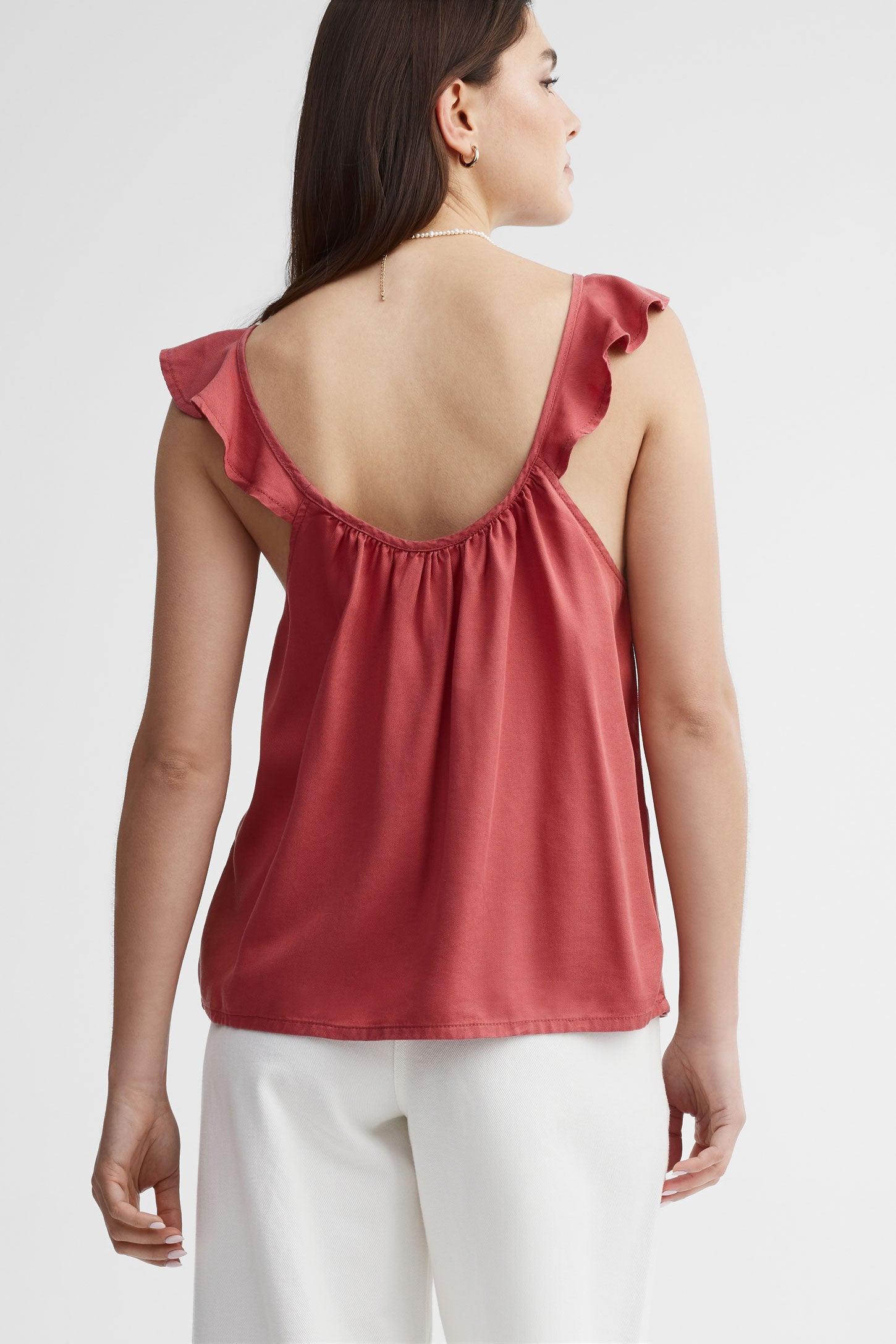 Camisole bretelles à volants en lyocell - Femme && ROUGE