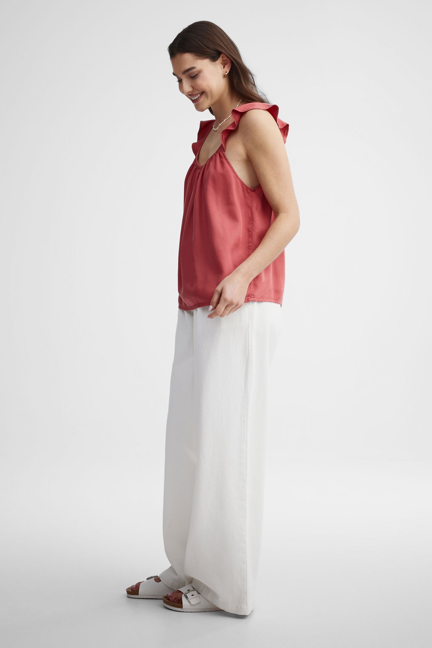 Camisole bretelles à volants en lyocell - Femme && ROUGE