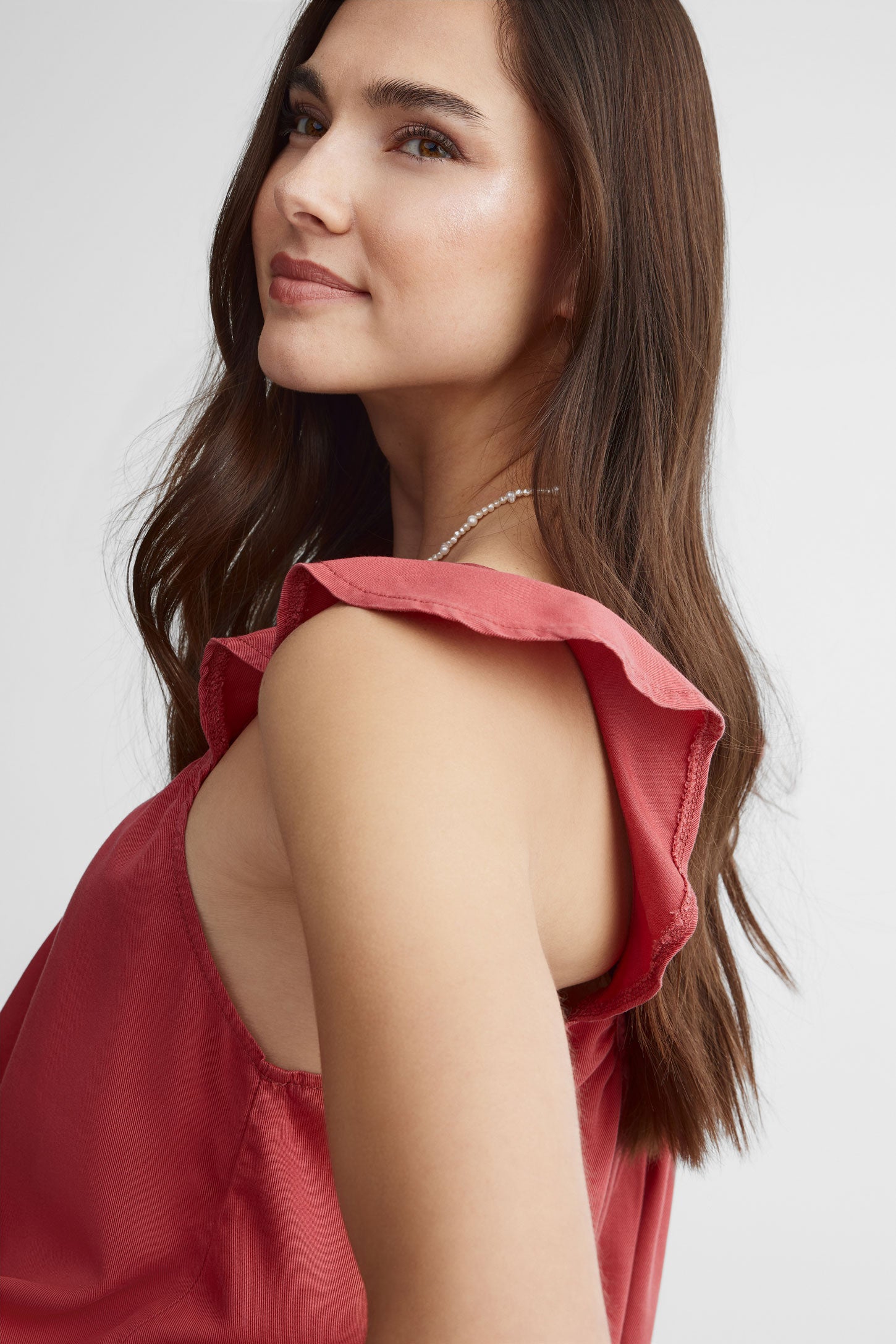 Camisole bretelles à volants en lyocell - Femme && ROUGE