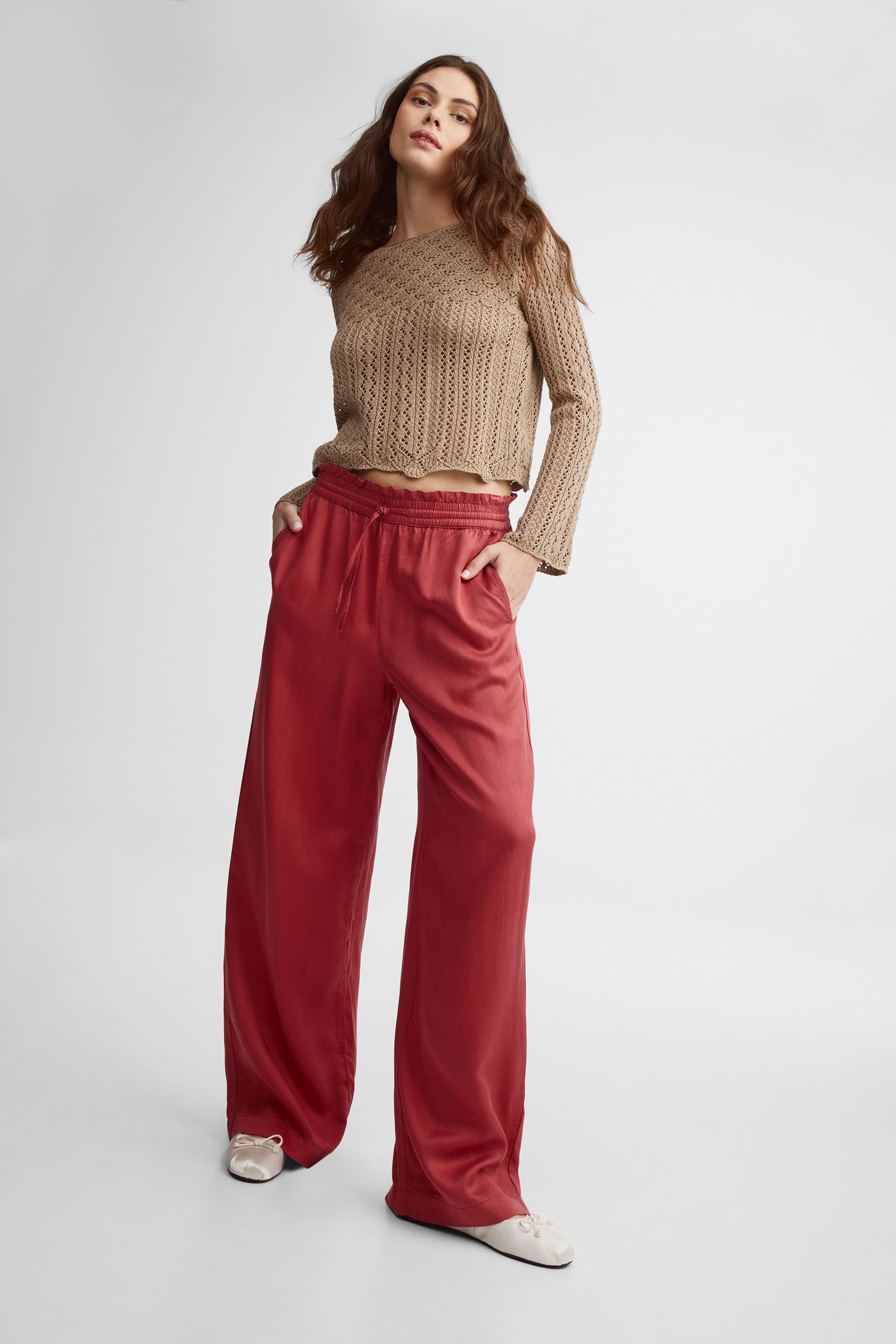 Pantalon jambe large en lyocell - Femme && ROUGE
