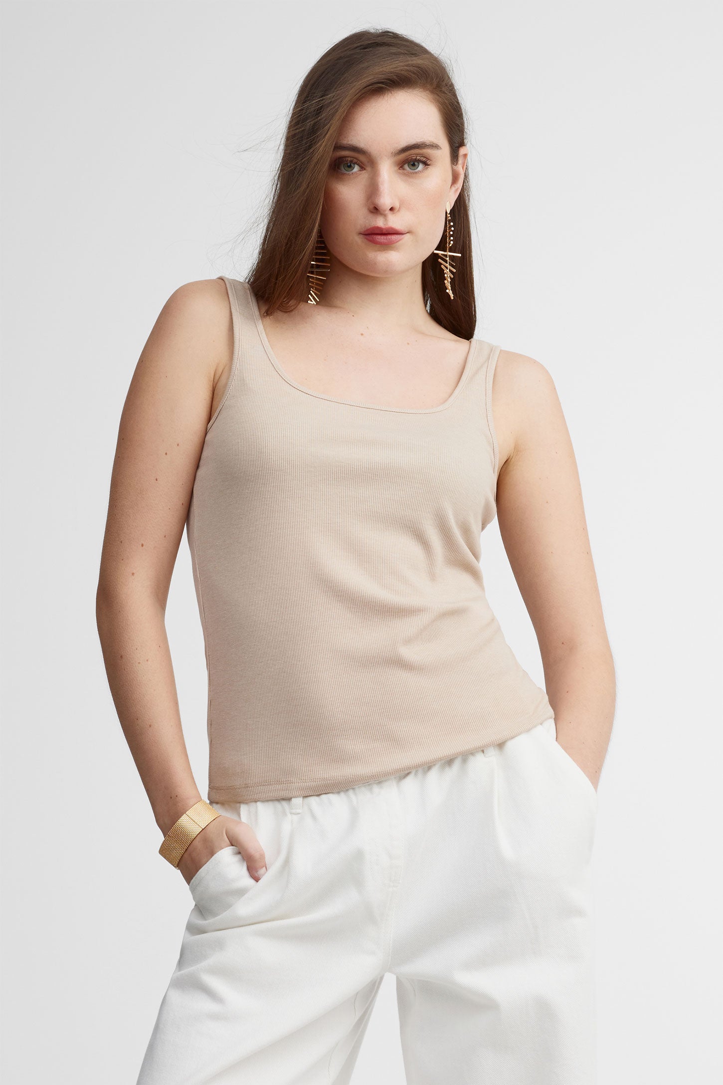Camisole côtelée col carré coupe ajustée - Femme && BEIGE