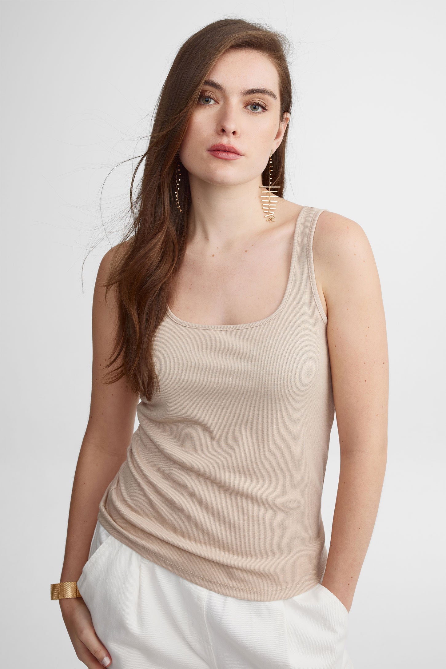 Camisole côtelée col carré coupe ajustée - Femme && BEIGE