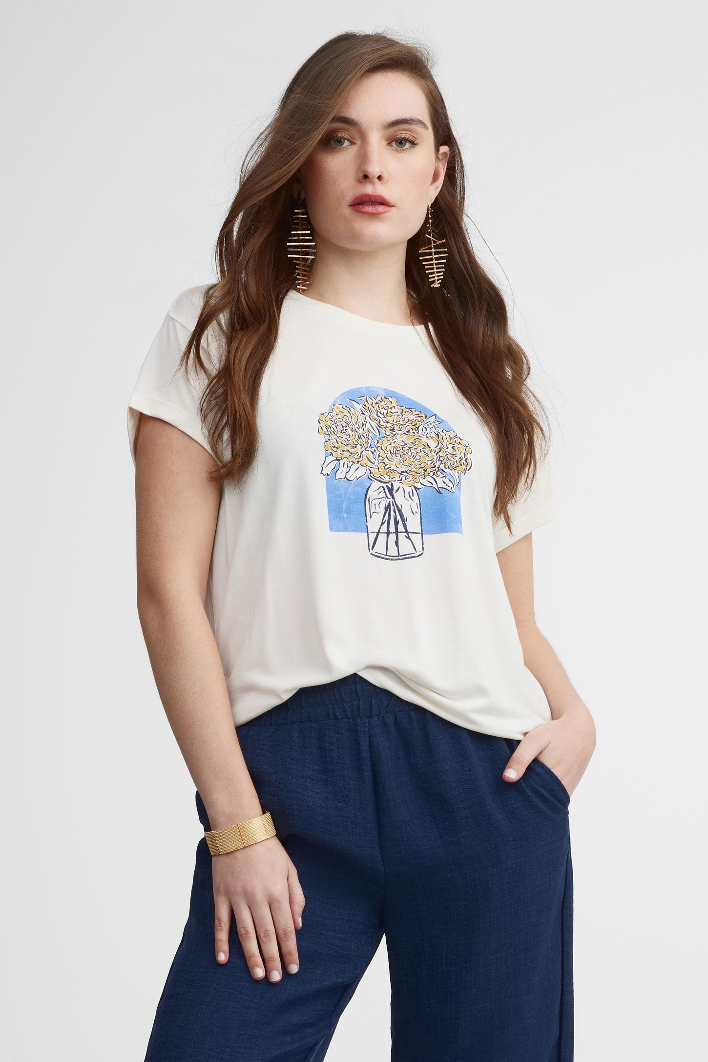 T-shirt col rond imprimé modal - Femme && IVOIRE/MULTI