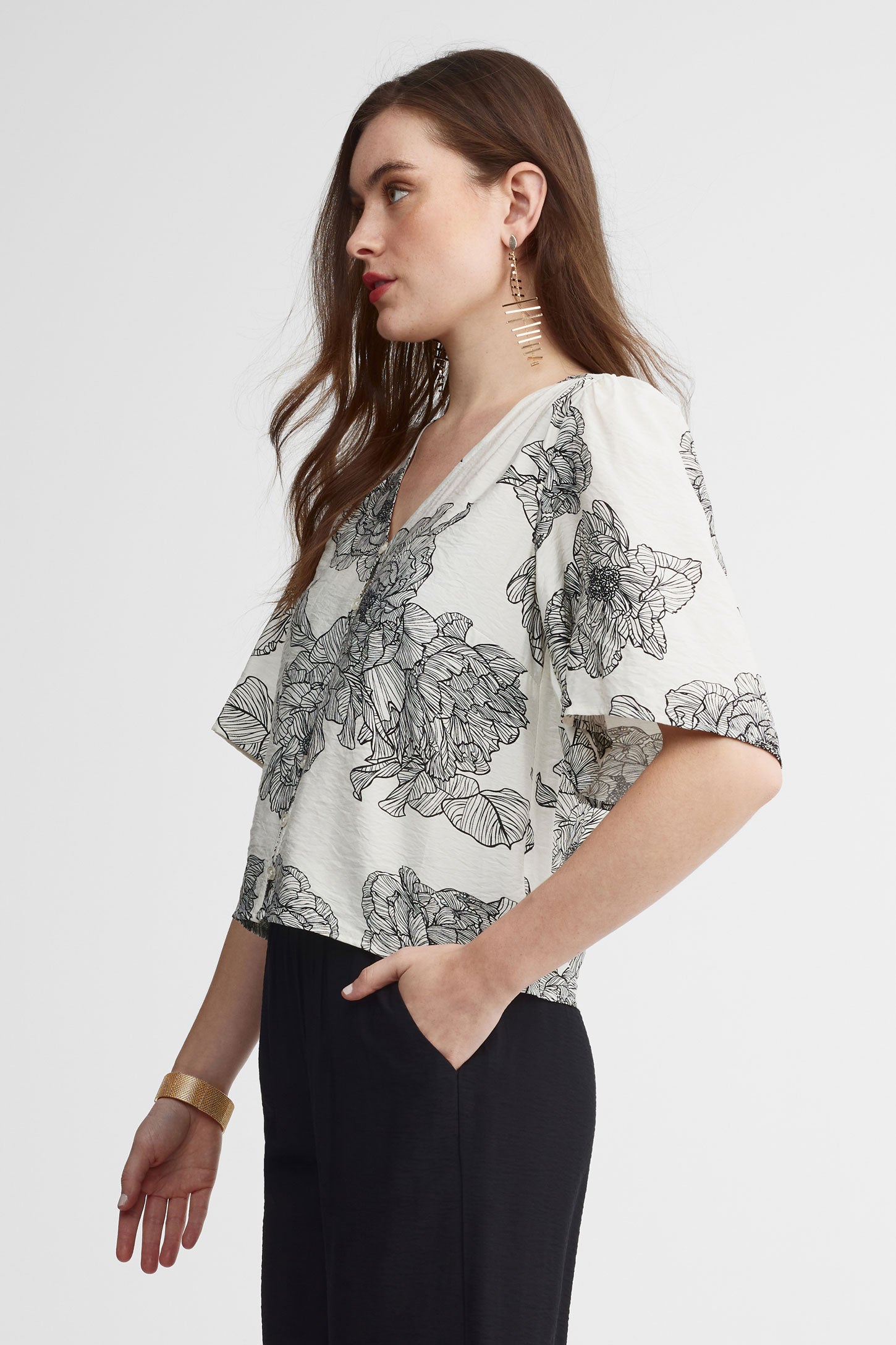 Chemisier manches courtes à volants - Femme && BLANC MULTI