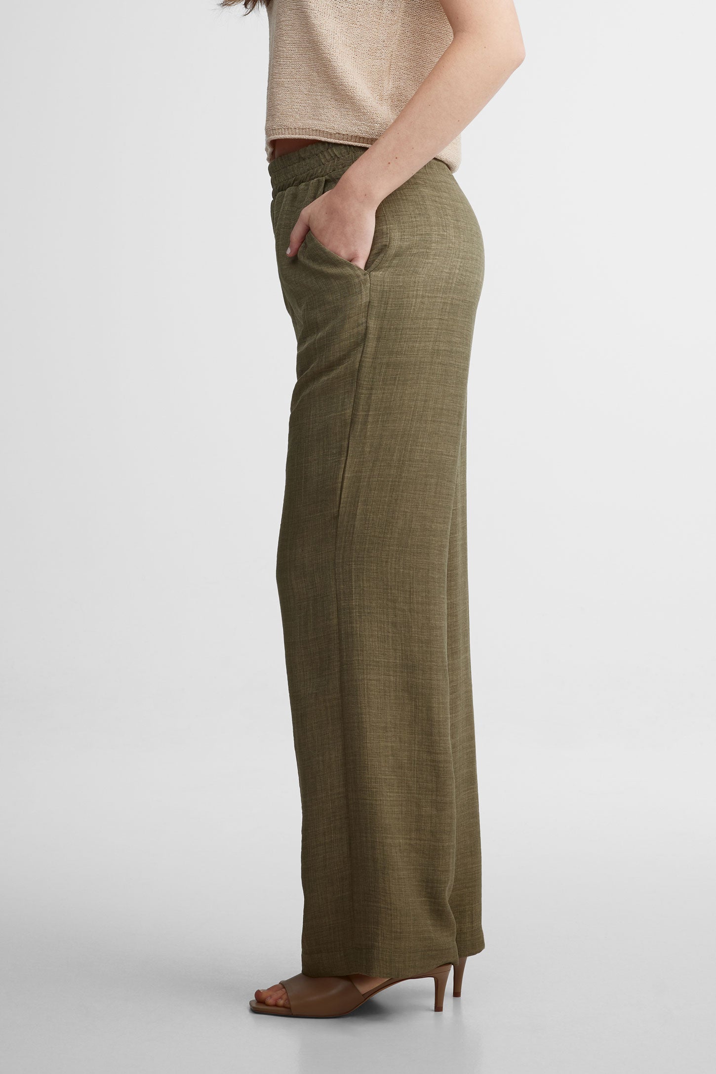 Pantalon taille haute jambe large - Femme && KAKI