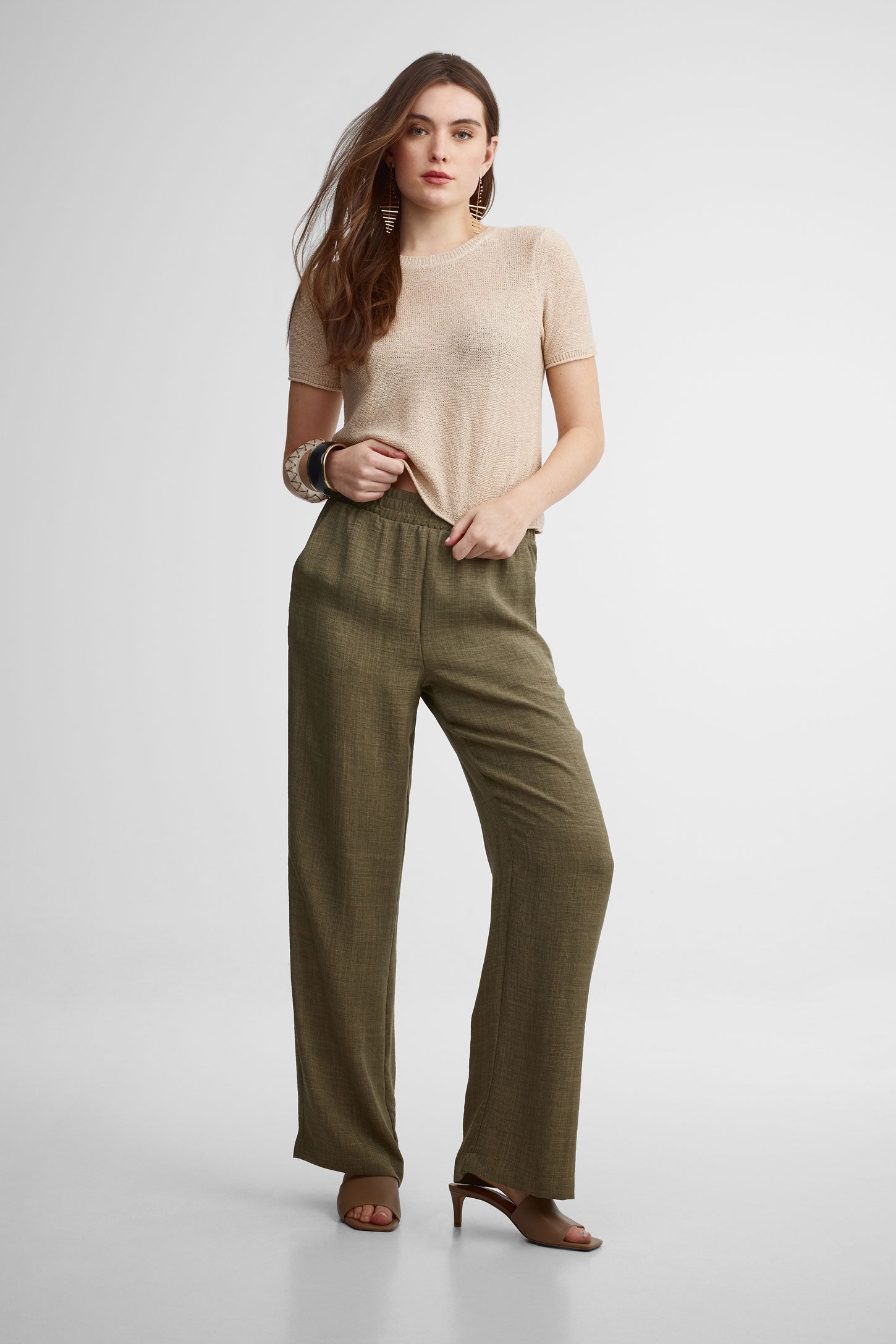 Pantalon taille haute jambe large - Femme && KAKI