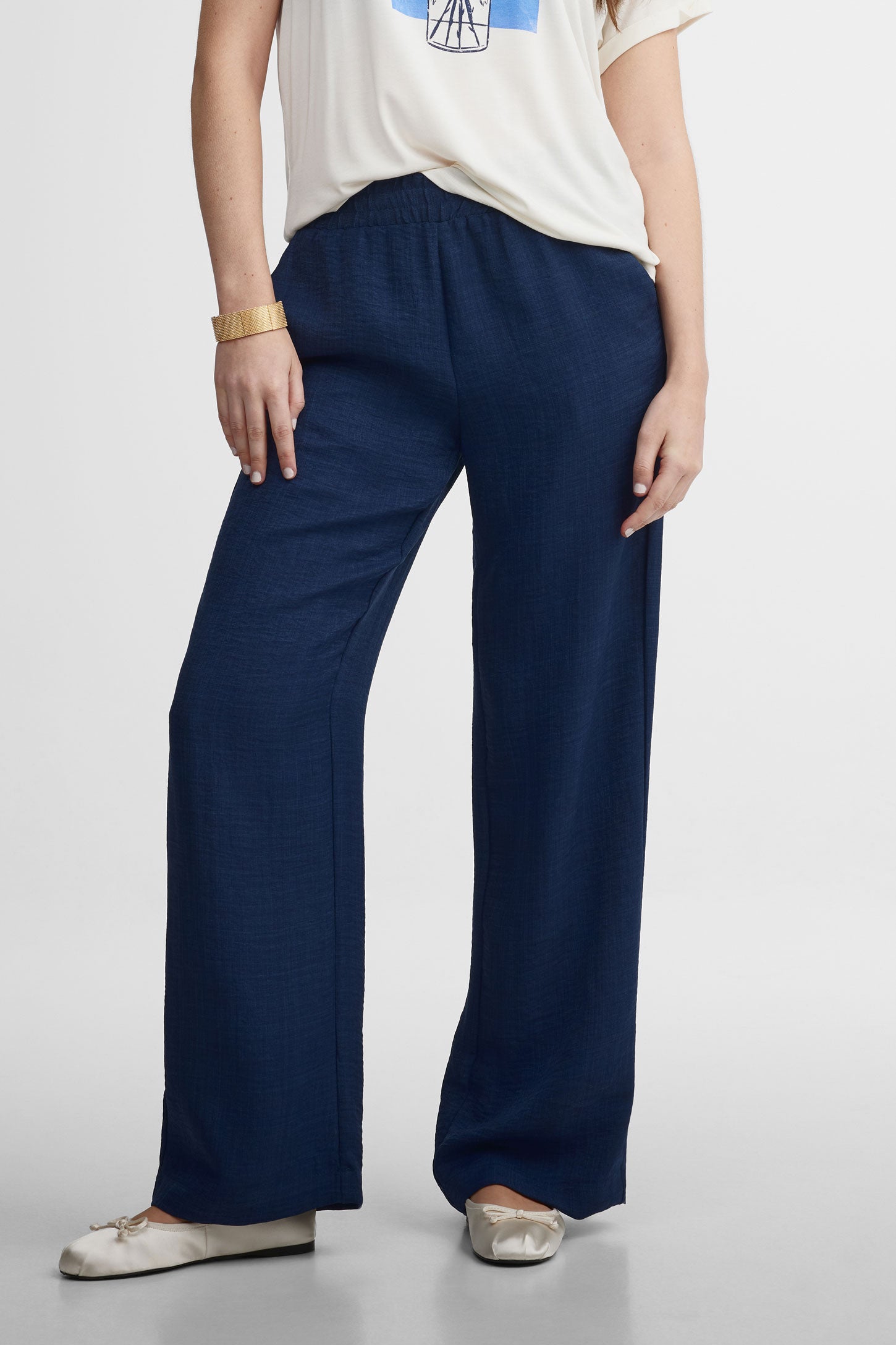 Pantalon taille haute jambe large - Femme && BLEU MARINE