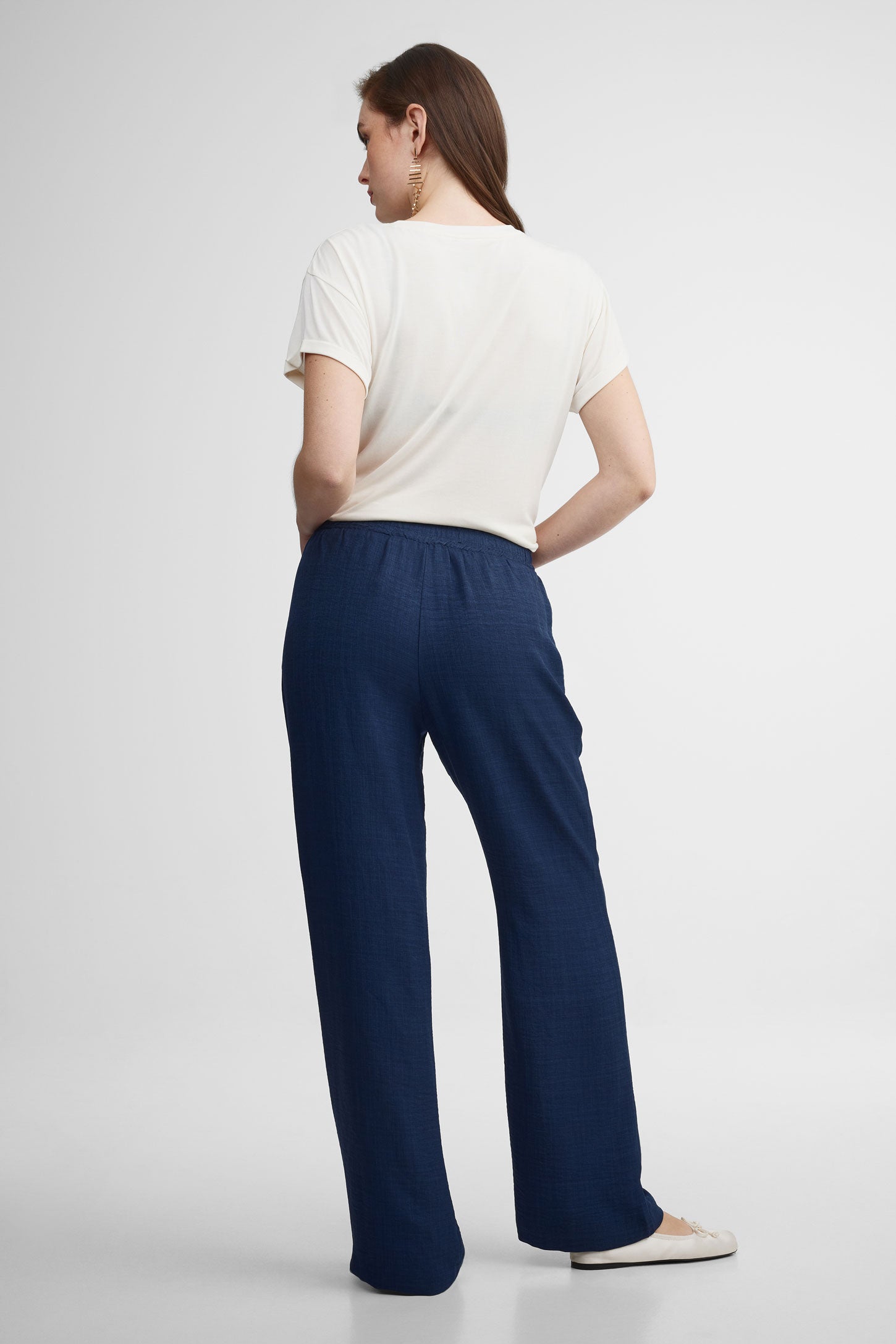 Pantalon taille haute jambe large - Femme && BLEU MARINE