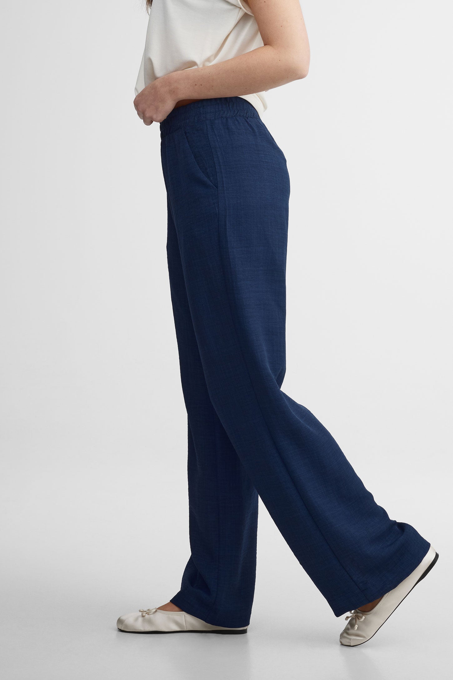 Pantalon taille haute jambe large - Femme && BLEU MARINE