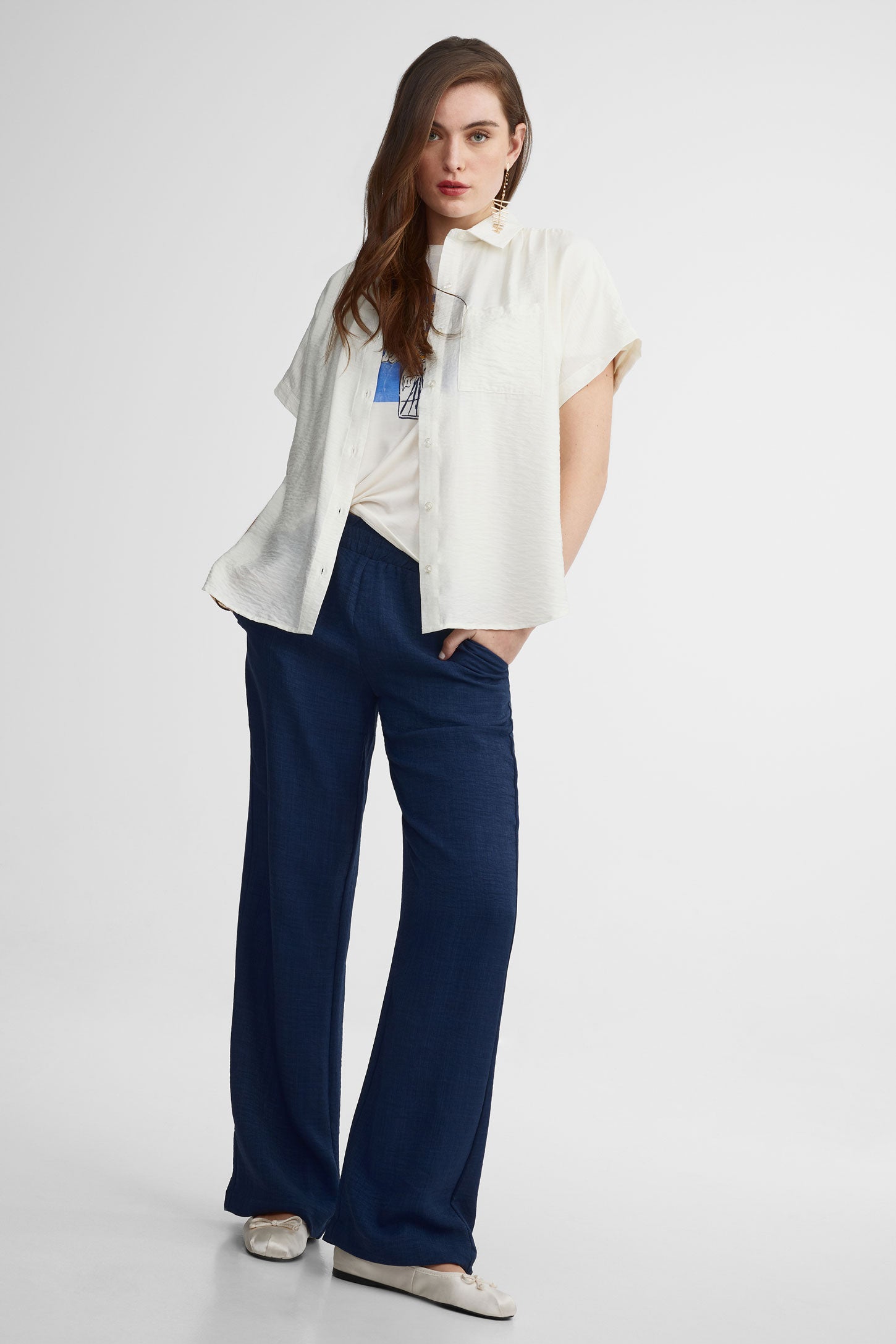 Pantalon taille haute jambe large - Femme && BLEU MARINE