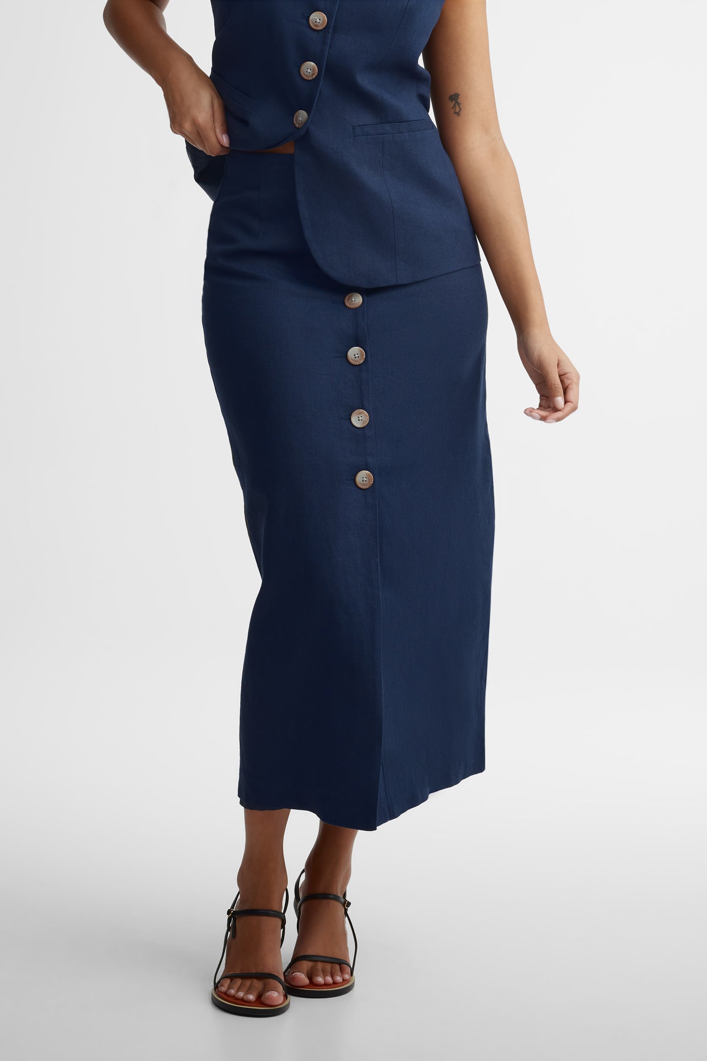Jupe crayon midi taille haute - Femme && BLEU MARINE