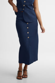Jupe crayon midi taille haute - Femme && BLEU MARINE