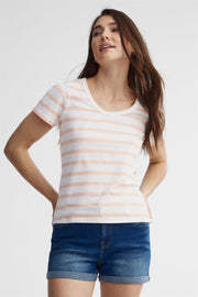 T-shirt rayé en coton - Femme && CORAIL/MULTI