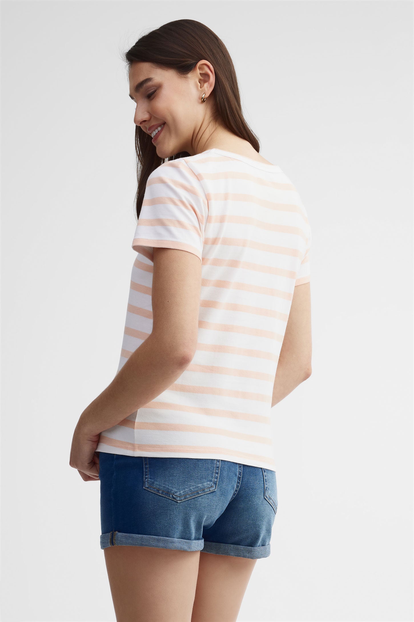 T-shirt rayé en coton - Femme && CORAIL/MULTI