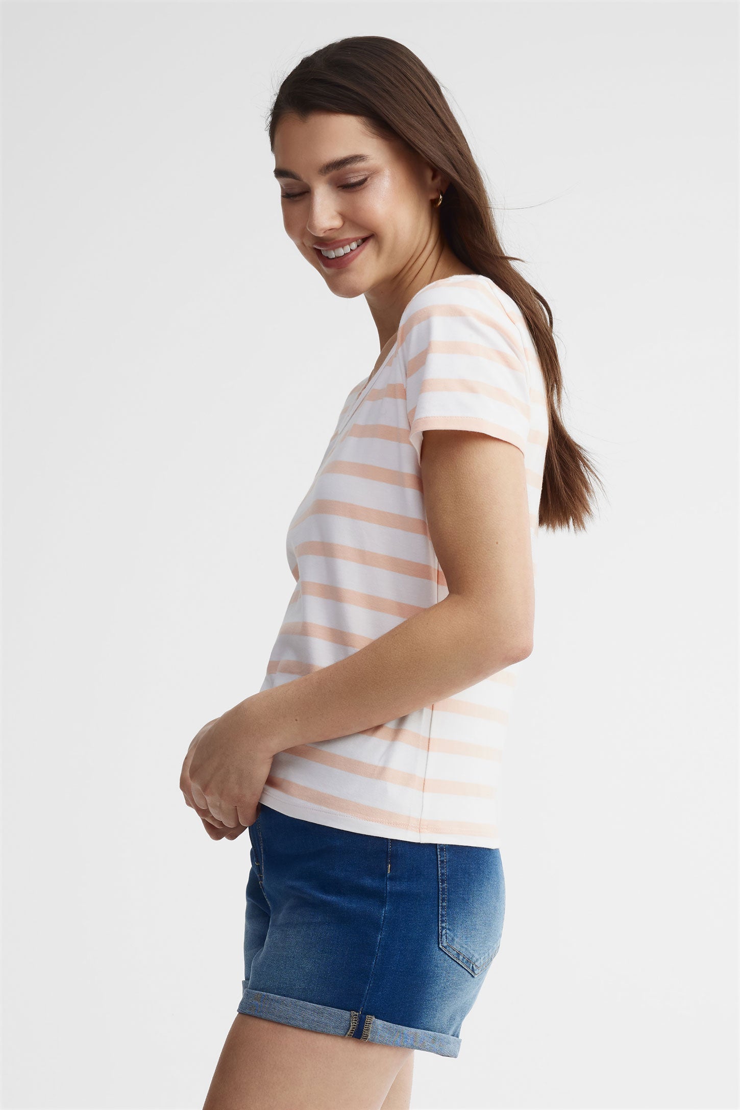 T-shirt rayé en coton - Femme && CORAIL/MULTI
