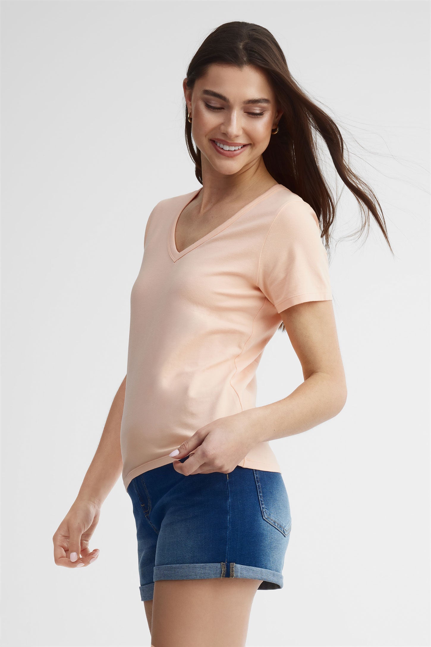T-shirt col en V coton - Femme && CORAIL