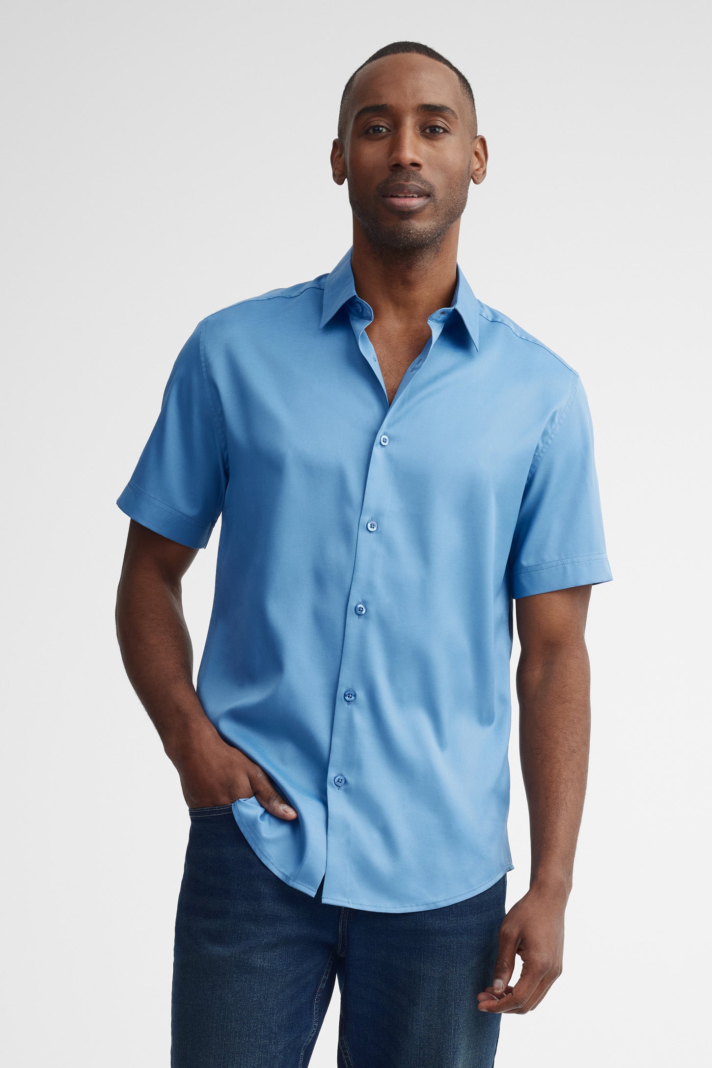 Chemise manches courtes coupe régulière microfibre - Homme && BLEU