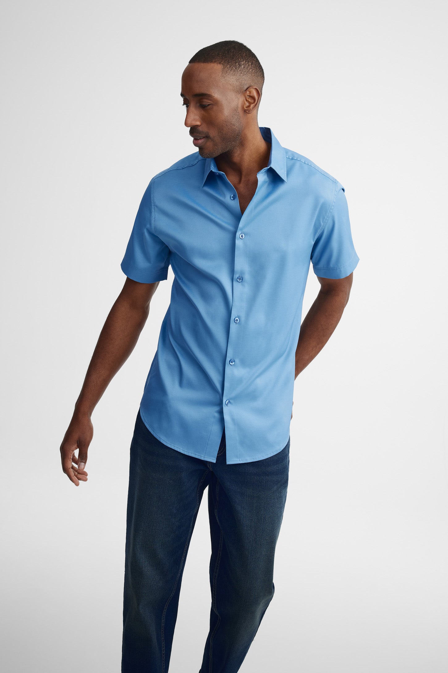Chemise manches courtes coupe régulière microfibre - Homme && BLEU