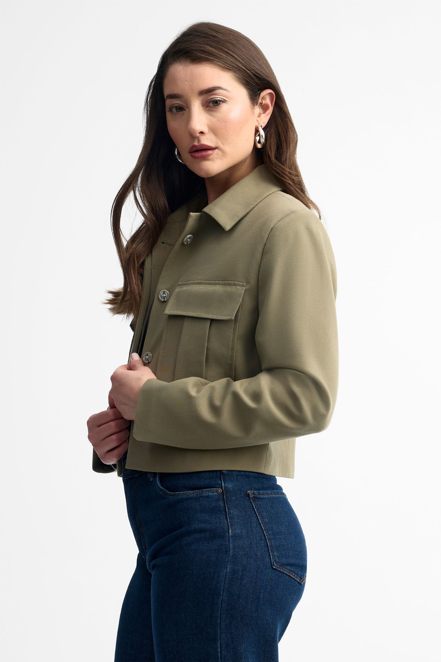 Veste tailleur coupe ample et écourtée - Femme && KAKI