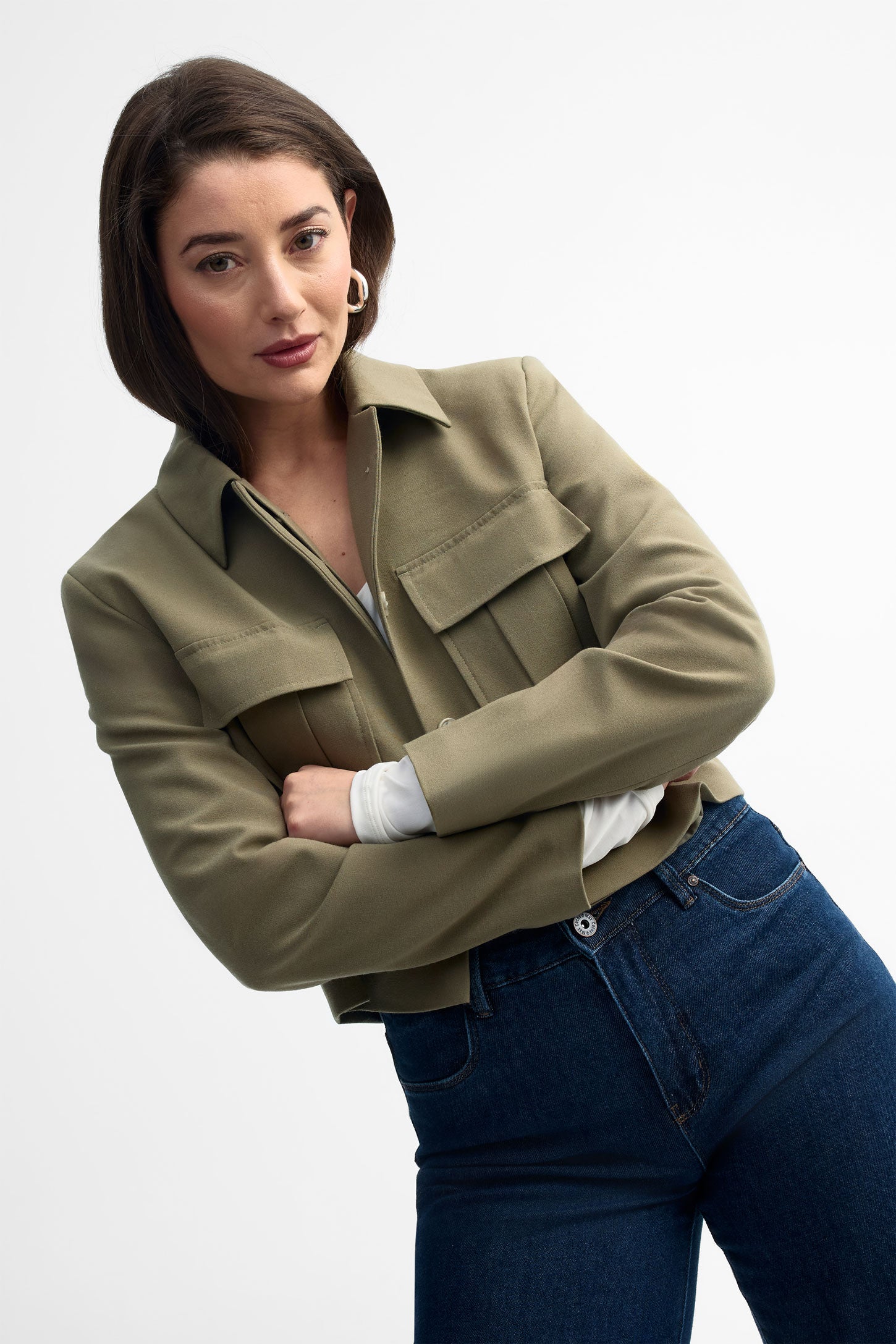 Veste tailleur coupe ample et écourtée - Femme && KAKI