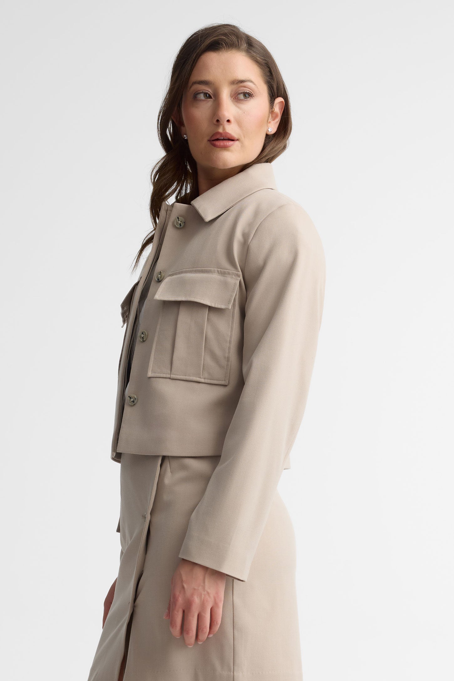 Veste tailleur coupe ample et écourtée - Femme && TAUPE